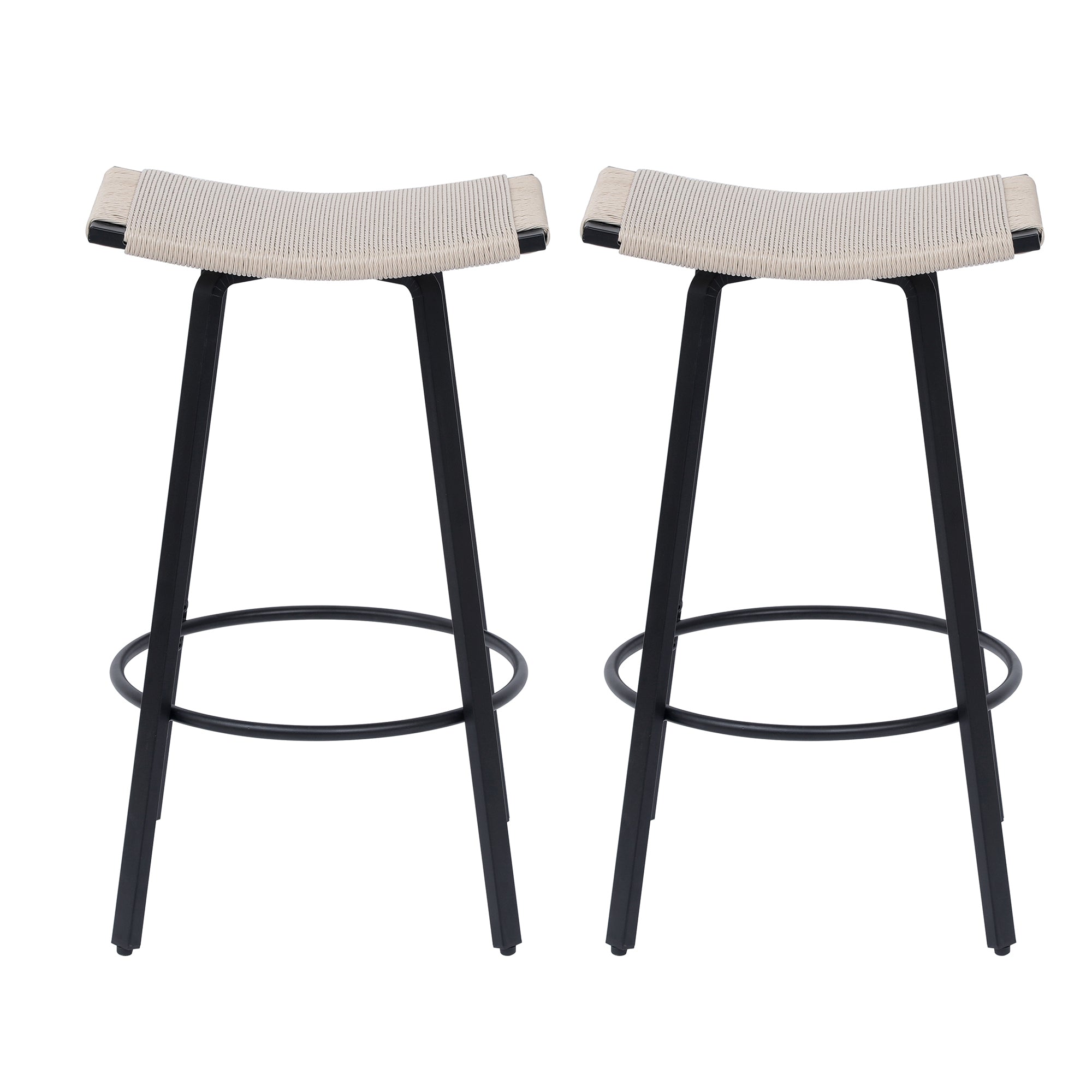 Handwoven PVC Counter Height Bar Stools Set of 2 - Backless Kitchen & Dining Chairs with Round Footrest - Indoor & Outdoor Pub Stools in Black & Creamy White - Perfect for Kitchen Islands, Breakfast Bars, and Outdoor Patios