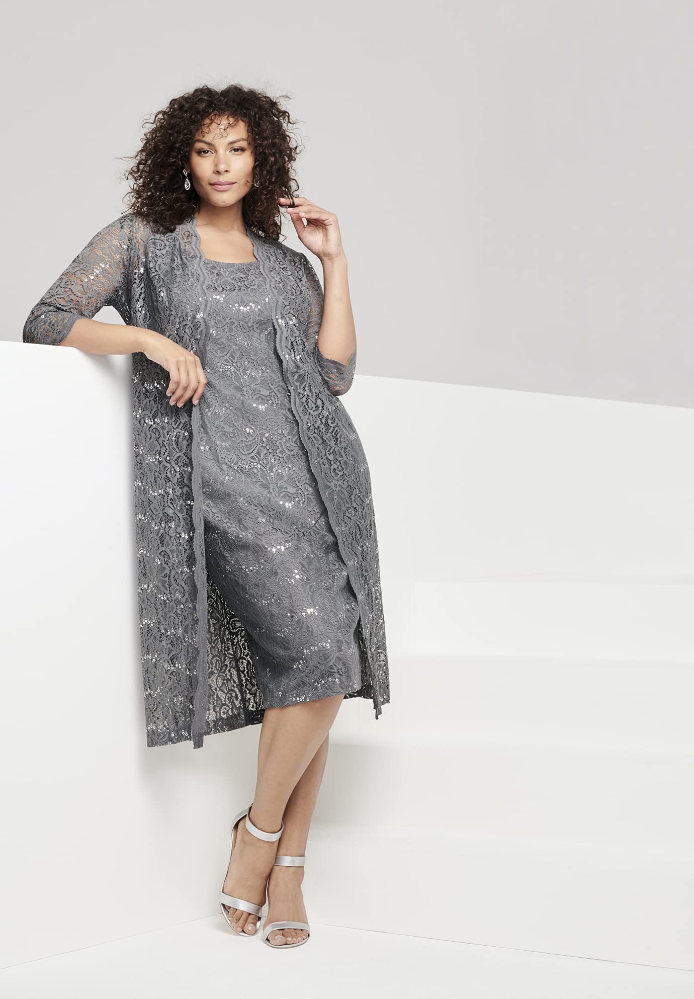 Romantic Women's Plus Size Sequin Lace Jacket Dress for Evening Parties, Weddings & Special Occasions | Elegant Formal Wear with Sparkle Details