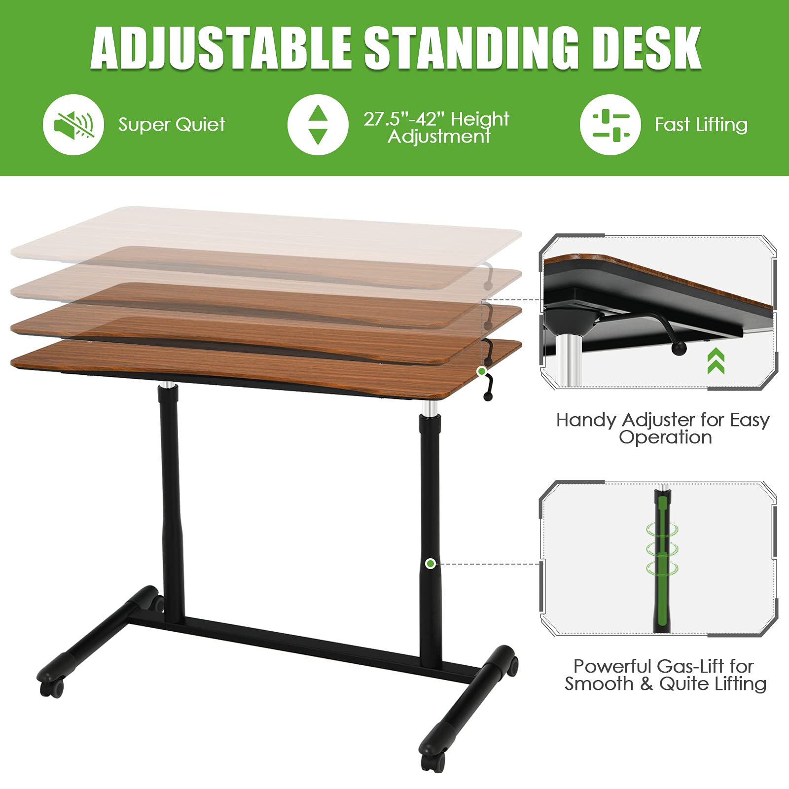 Tangkula Adjustable Height Mobile Standing Desk with Wheels - Rolling Compact Computer Desk for Home Office, Steel Frame & MDF PVC Tabletop (Brown) - Perfect for Small Spaces, Work from Home & Office Ergonomics