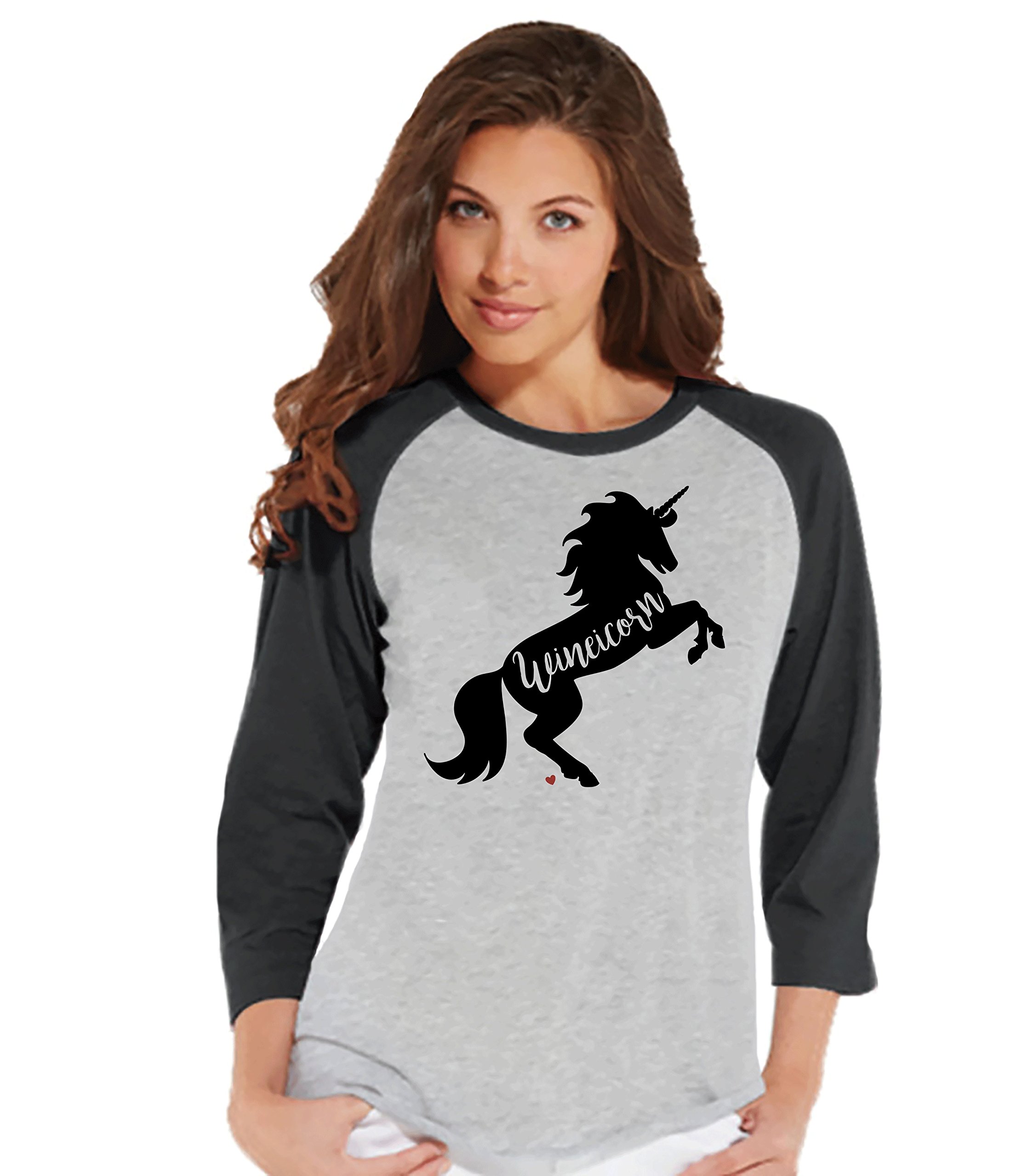 7 ate 9 Apparel Women's Wine Unicorn Raglan Tee - Soft Vintage Style Long Sleeve Graphic T-Shirt for Casual Wear, Girls Night Out & Festival Outfits