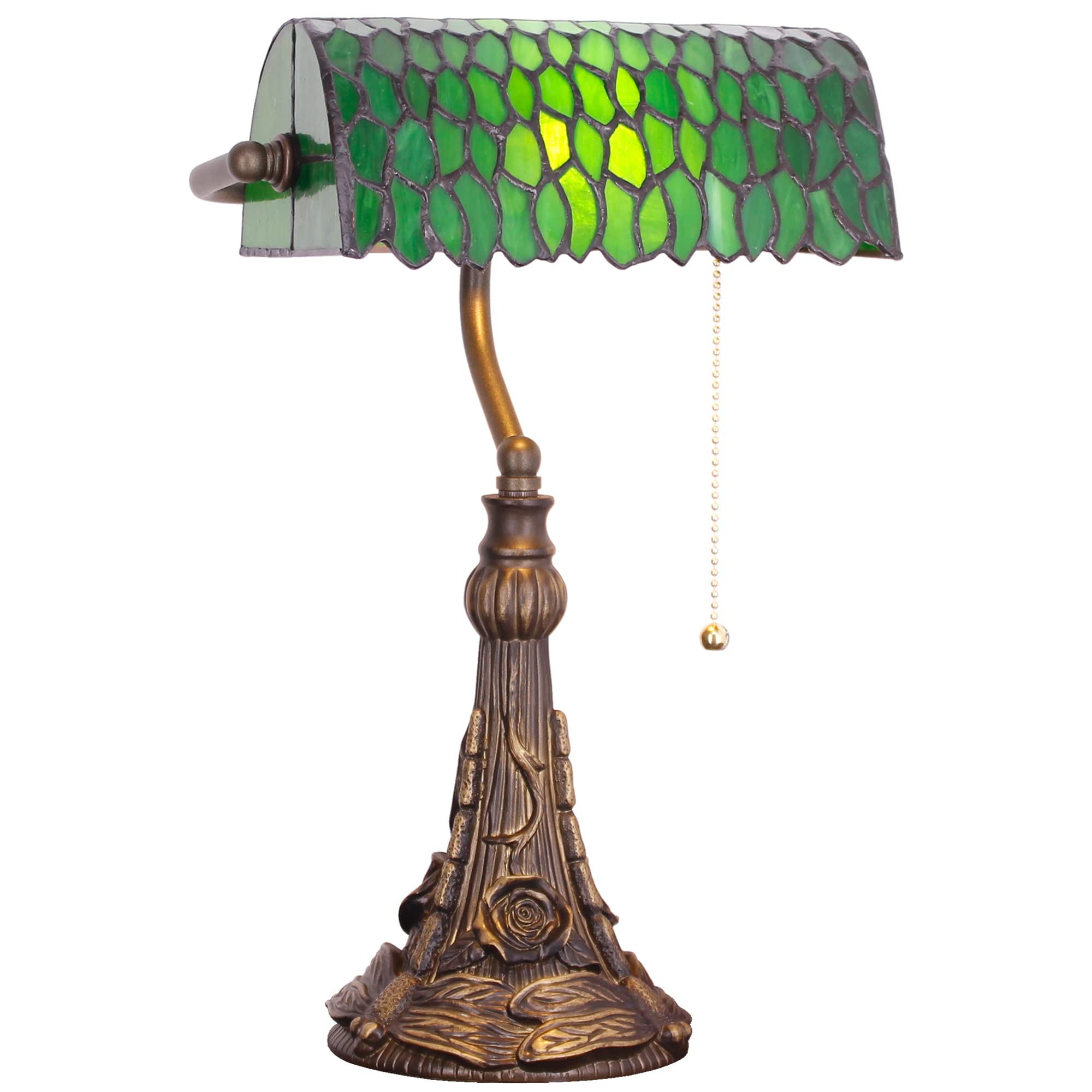 Vintage Tiffany Style Banker Desk Lamp with Green Leaves Stained Glass - 15