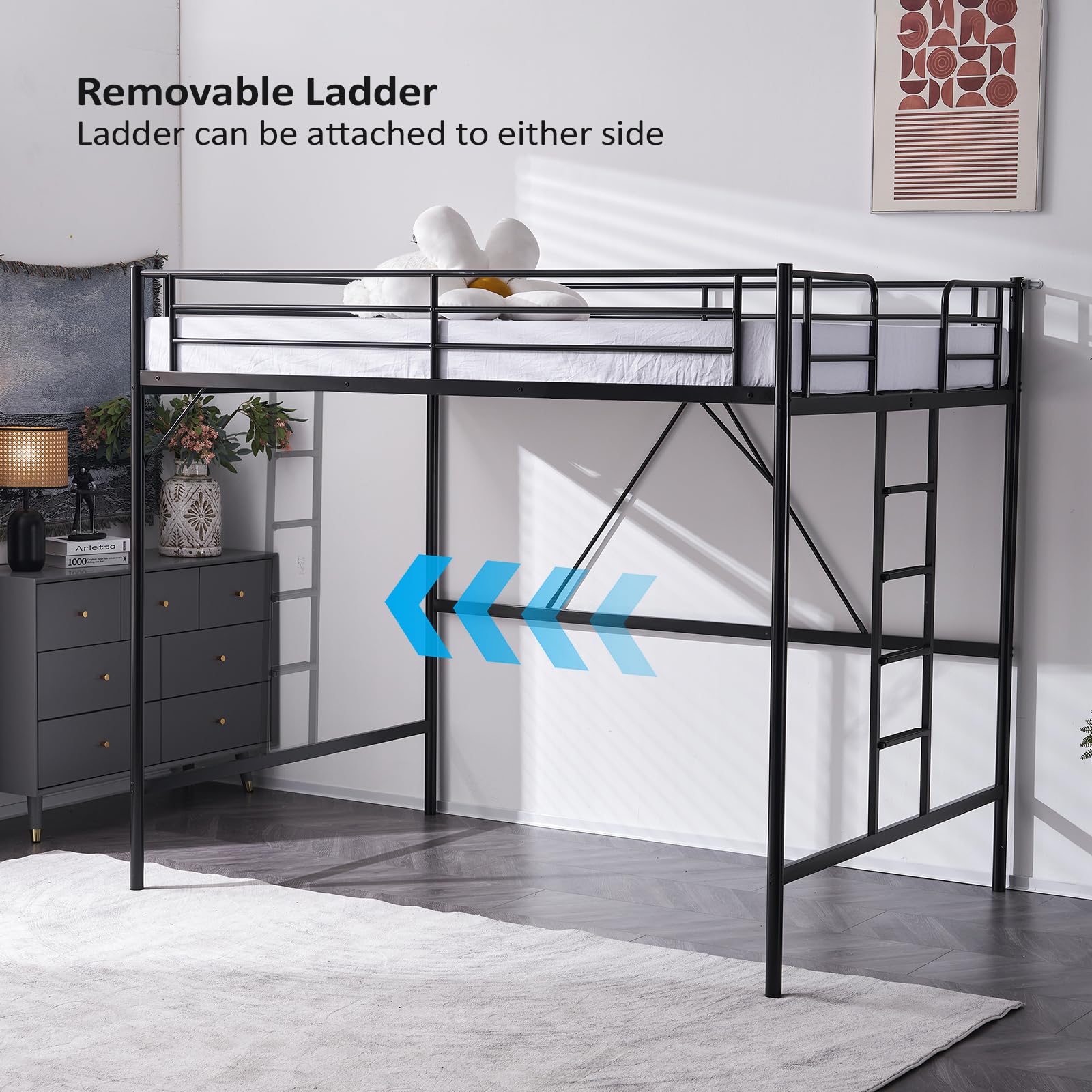 VINGLI Full Size Loft Bed with Flat Rungs - Sturdy Metal Slat Support for Adults, Kids & Teens - No Box Spring Needed - Perfect for Small Spaces, Dorm Rooms & Kids' Bedrooms