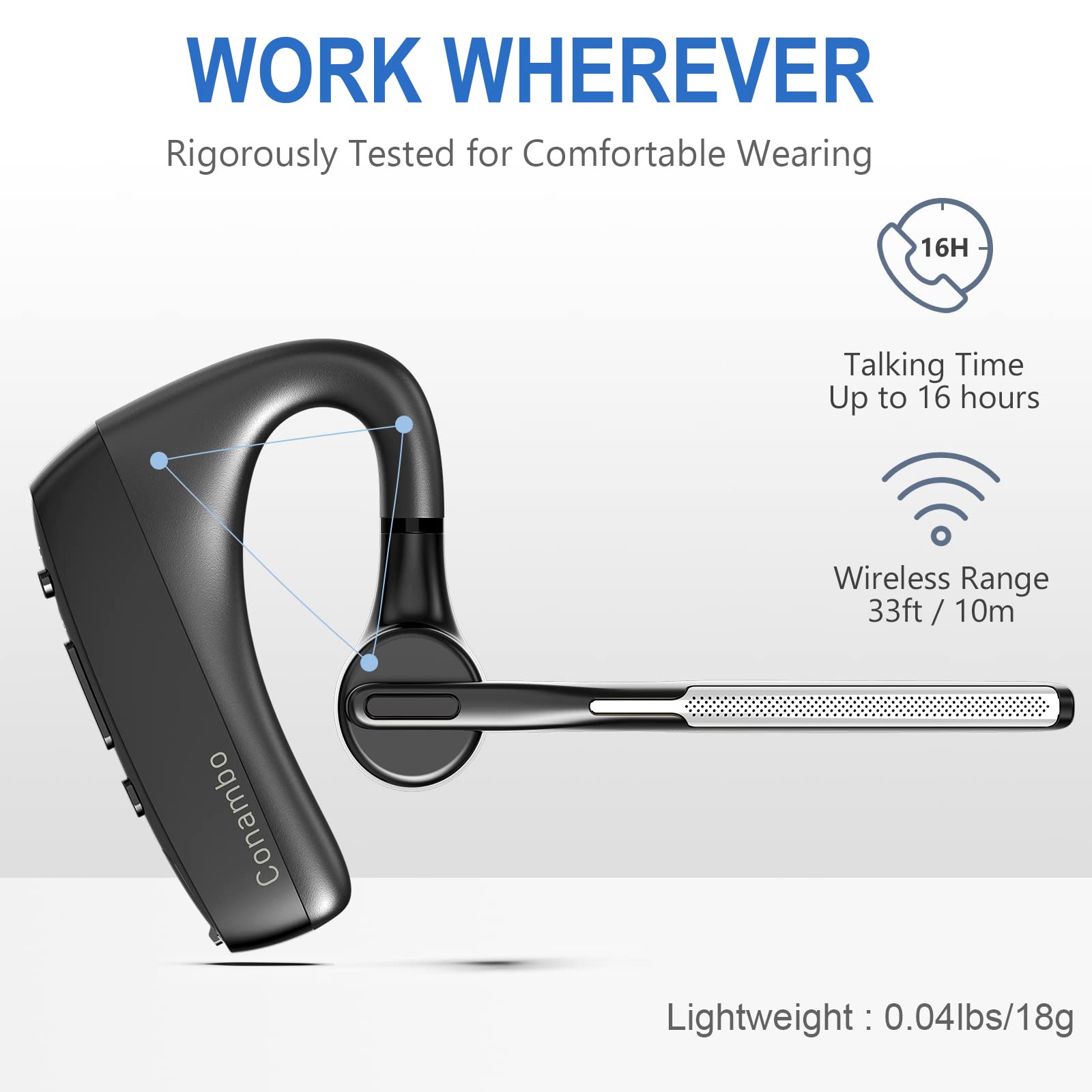 CONAMBO Bluetooth Headset V5.1 Wireless Earpiece - 16 Hours HD Talk Time, CVC8.0 Noise Cancelling, Dual Mic Hands-Free for iPhone Android Smartphones - Perfect for Driving, Business Calls & Office Use