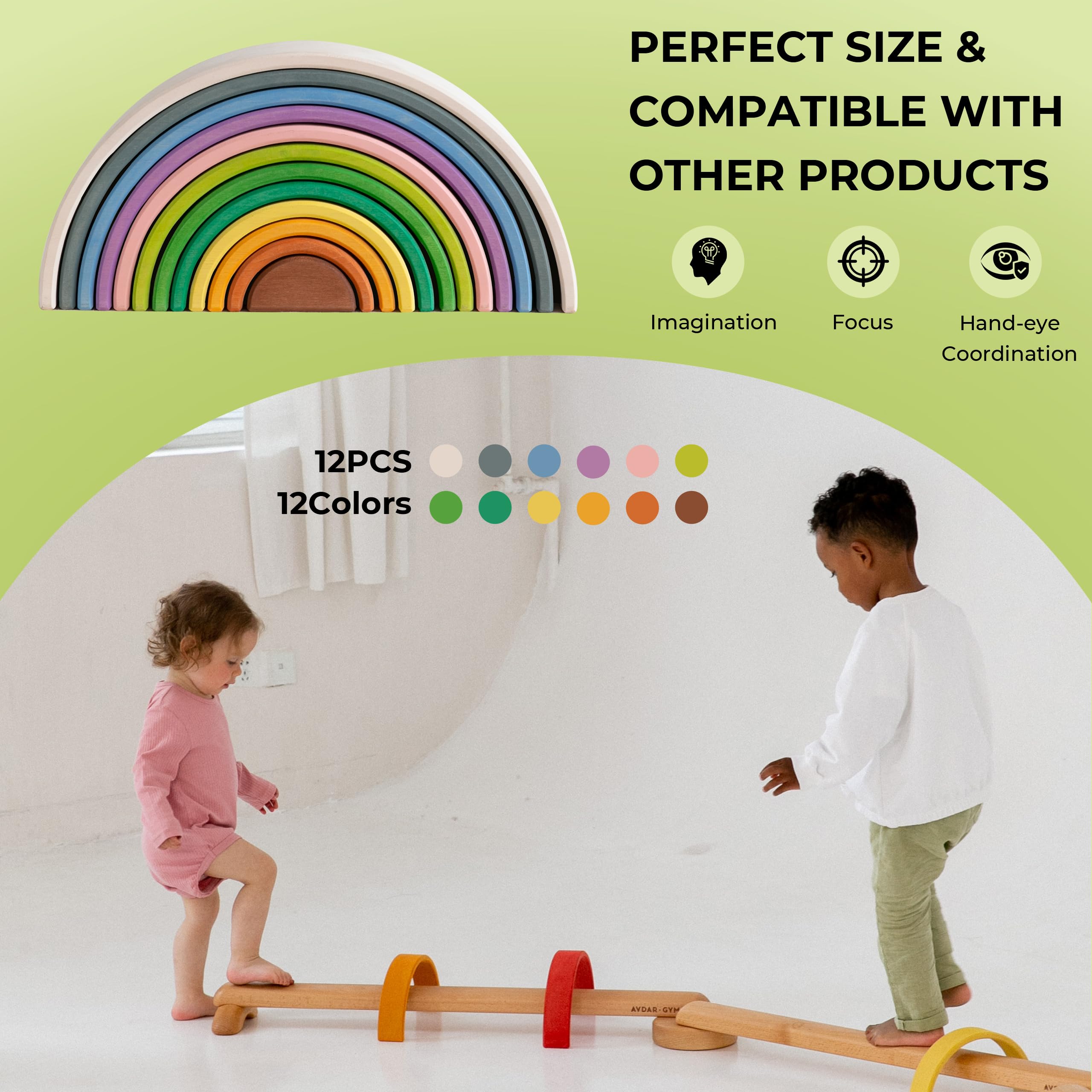 12Pcs Wooden Rainbow Stacker Toy - Extra Large Montessori Nesting Puzzle for Kids, Rainbow Blocks for Learning & Play - Perfect for Toddler Educational Toys, Preschool Classroom & Sensory Play Activities