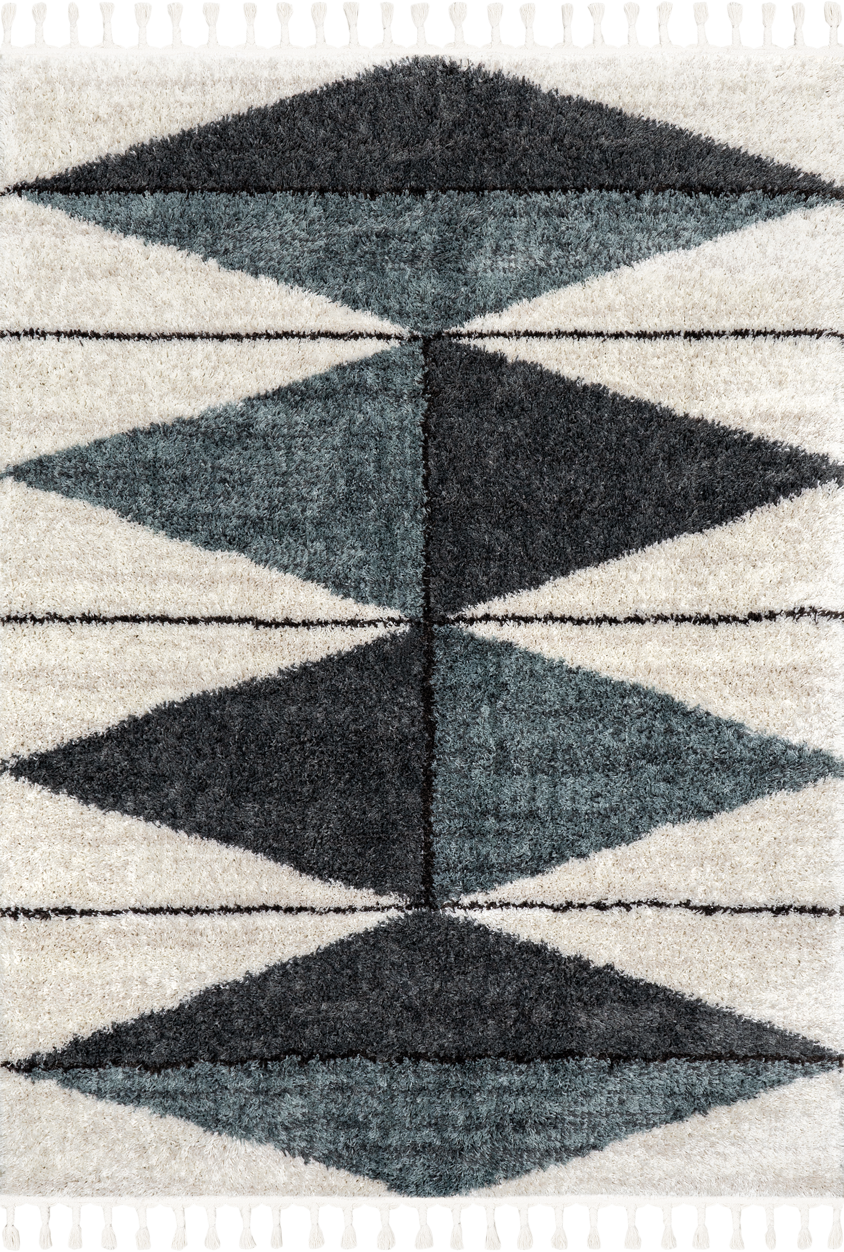 Alexa Diamond Tasseled Area Rug - Navy Blue Bohemian Style Handmade Wool Carpet for Living Room, Bedroom Decor