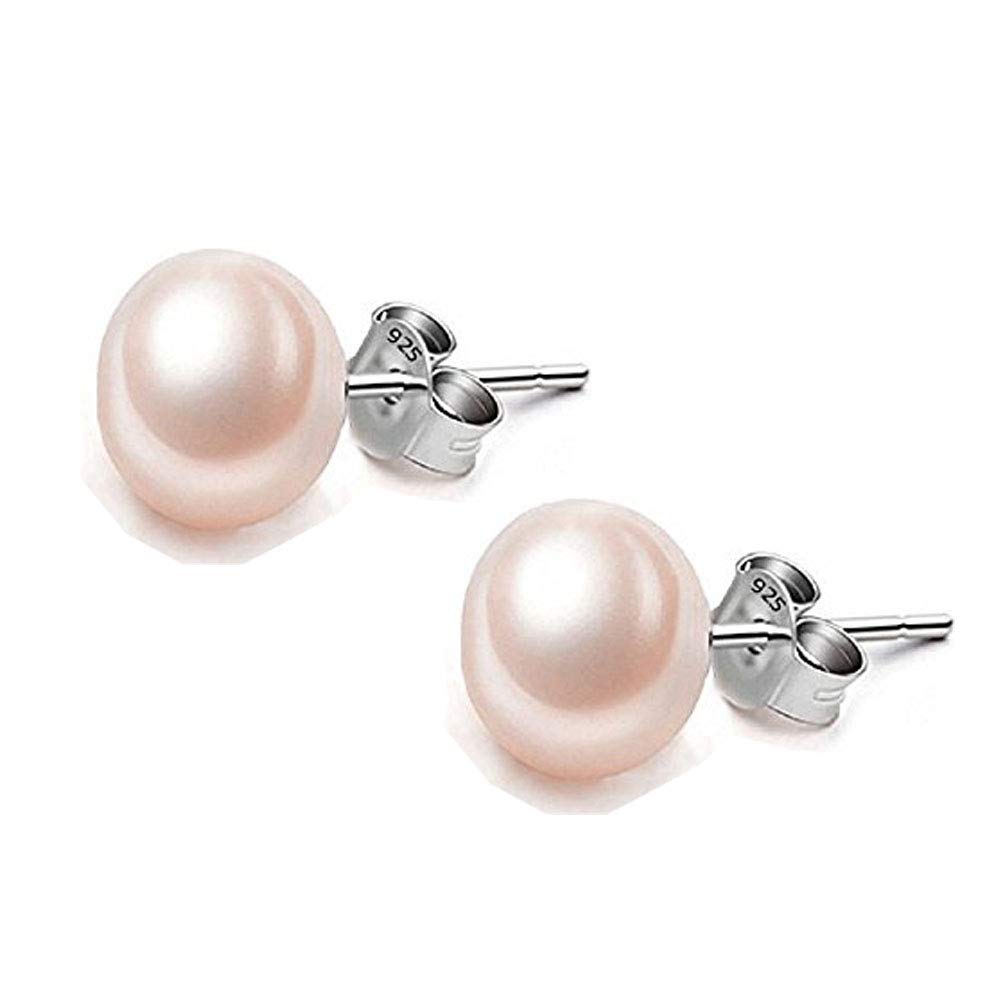 925 Sterling Silver AAA Genuine Freshwater Cultured Pearl Stud Earrings for Women - White, Black & Pink Button Pearls (7.5-8mm) | Elegant Jewelry Gift for Wedding, Party & Everyday Wear