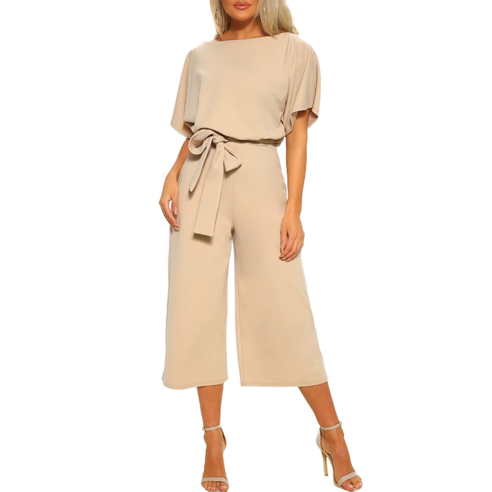 Women's Casual Round Neck Solid Color Jumpsuit with Short Sleeves, Belted Waist & Wide Leg Pants | Perfect for Summer Outfits, Beach Vacations and Everyday Wear