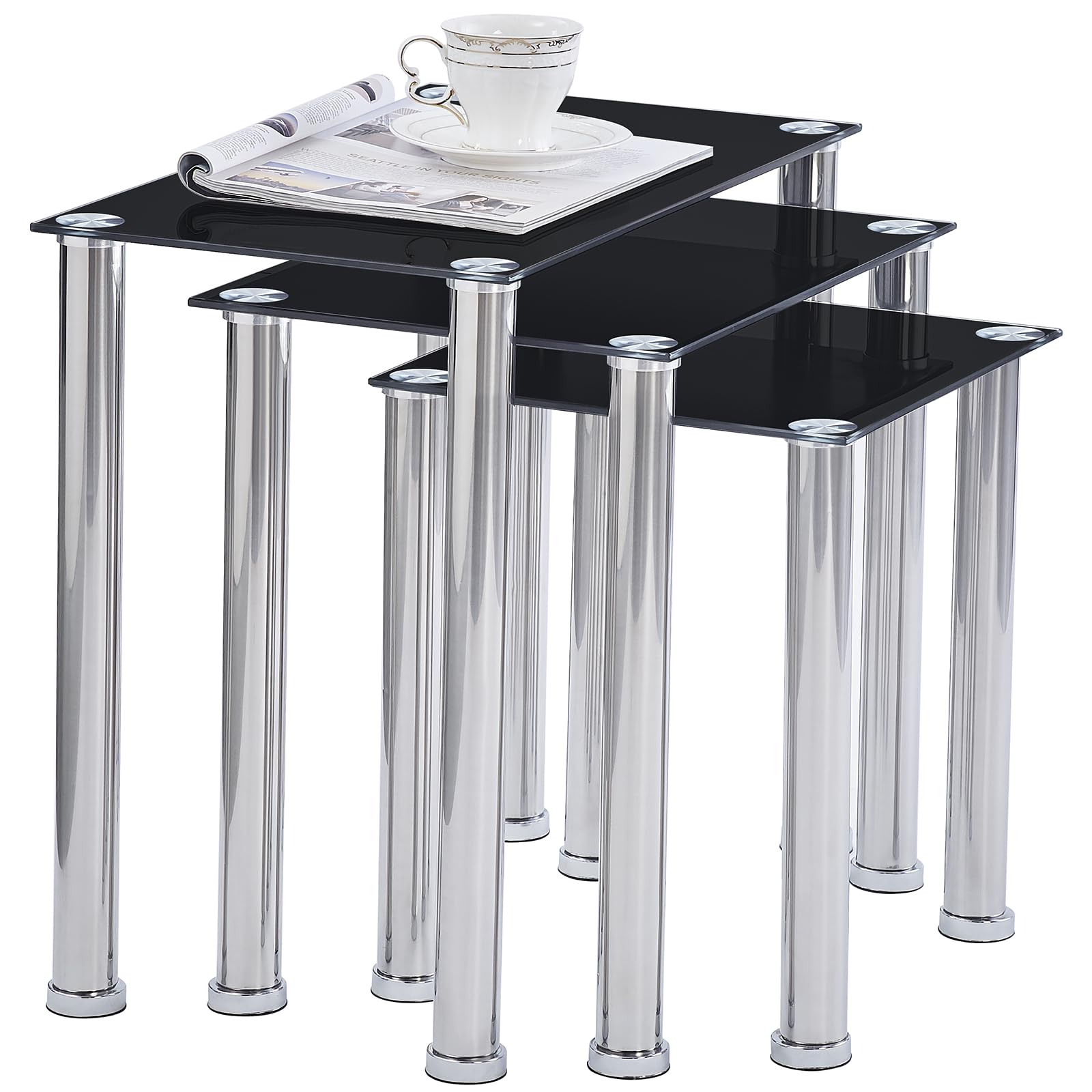 3-Piece Black Glass Nesting Coffee Table Set with Silver Legs - Stackable End Tables for Living Room, Sofa Side, and Small Space Decor - Tempered Glass Top for Durability & Style