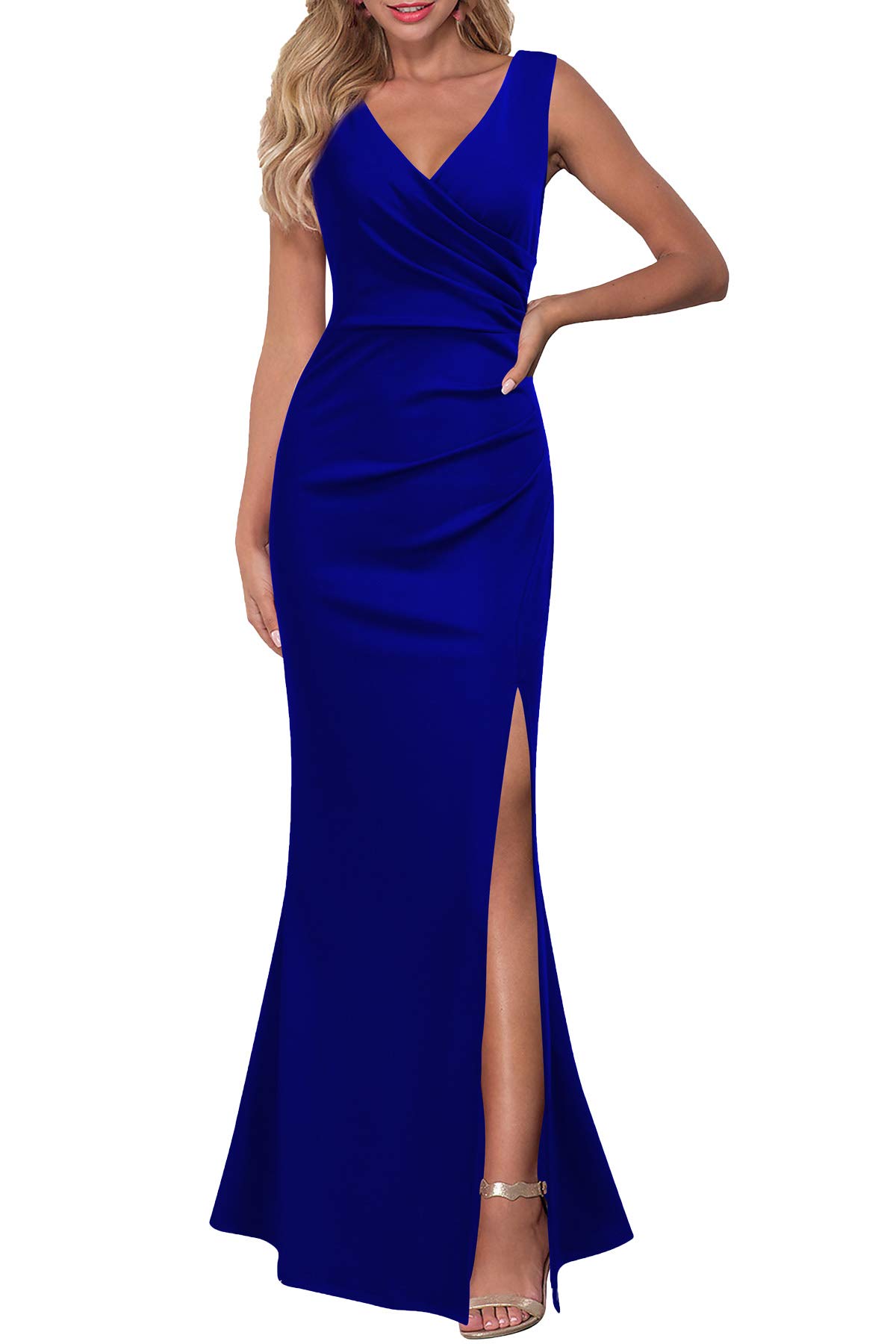WOOSEA Women's Sleeveless V-Neck Slit Evening Cocktail Long Dress - Elegant Formal Gown for Prom, Wedding Guest, Party & Special Occasions