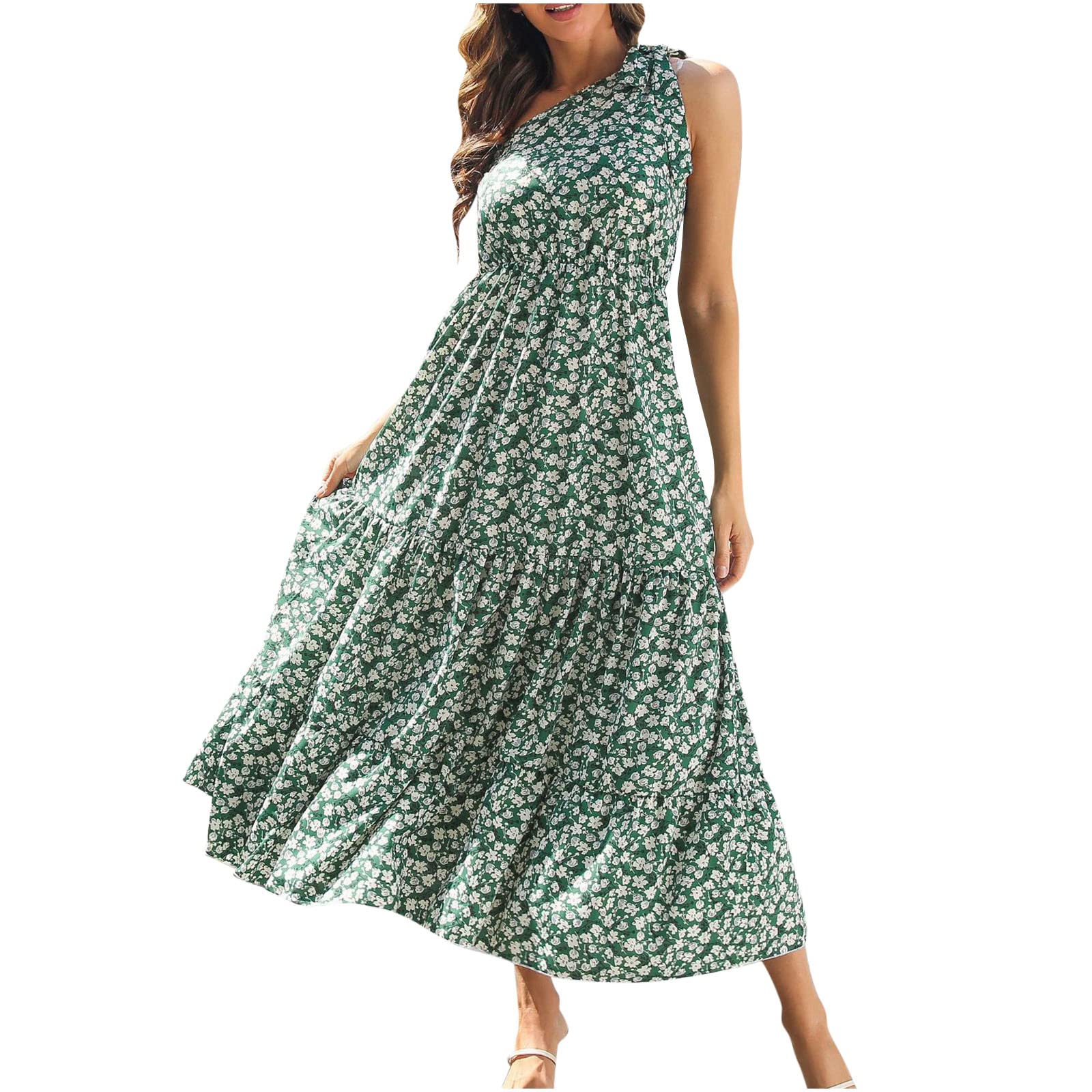 BOXIACEY Women's Summer One Shoulder Sleeveless Floral Print Maxi Dress - Flowy Tiered Lacing Design for Beach, Vacation & Sundress Outfits | Perfect for Pool Parties, Tropical Getaways & Summer Weddings