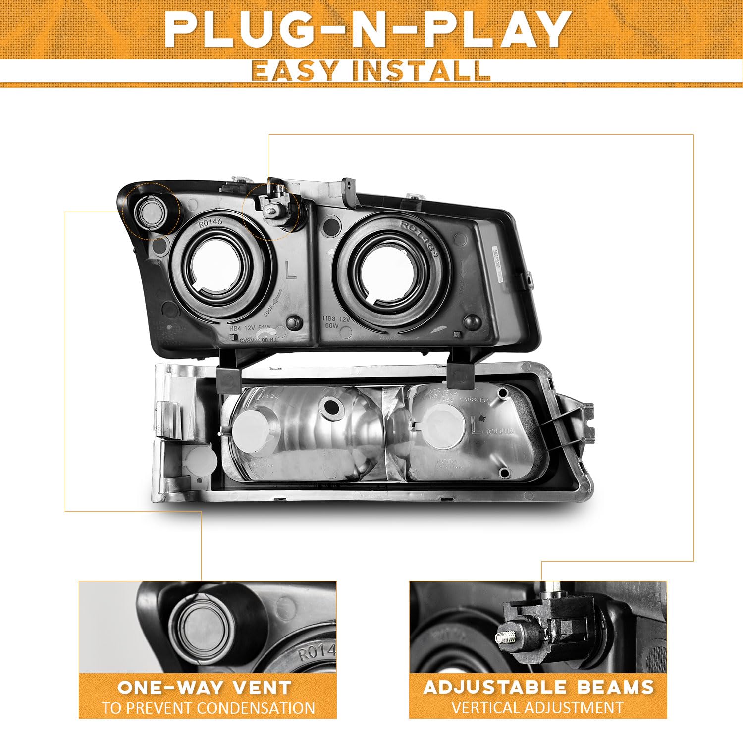 Chevy Silverado Headlights 2003-2007 - Chrome Amber for Avalanche Pickup - Perfect for Night Driving