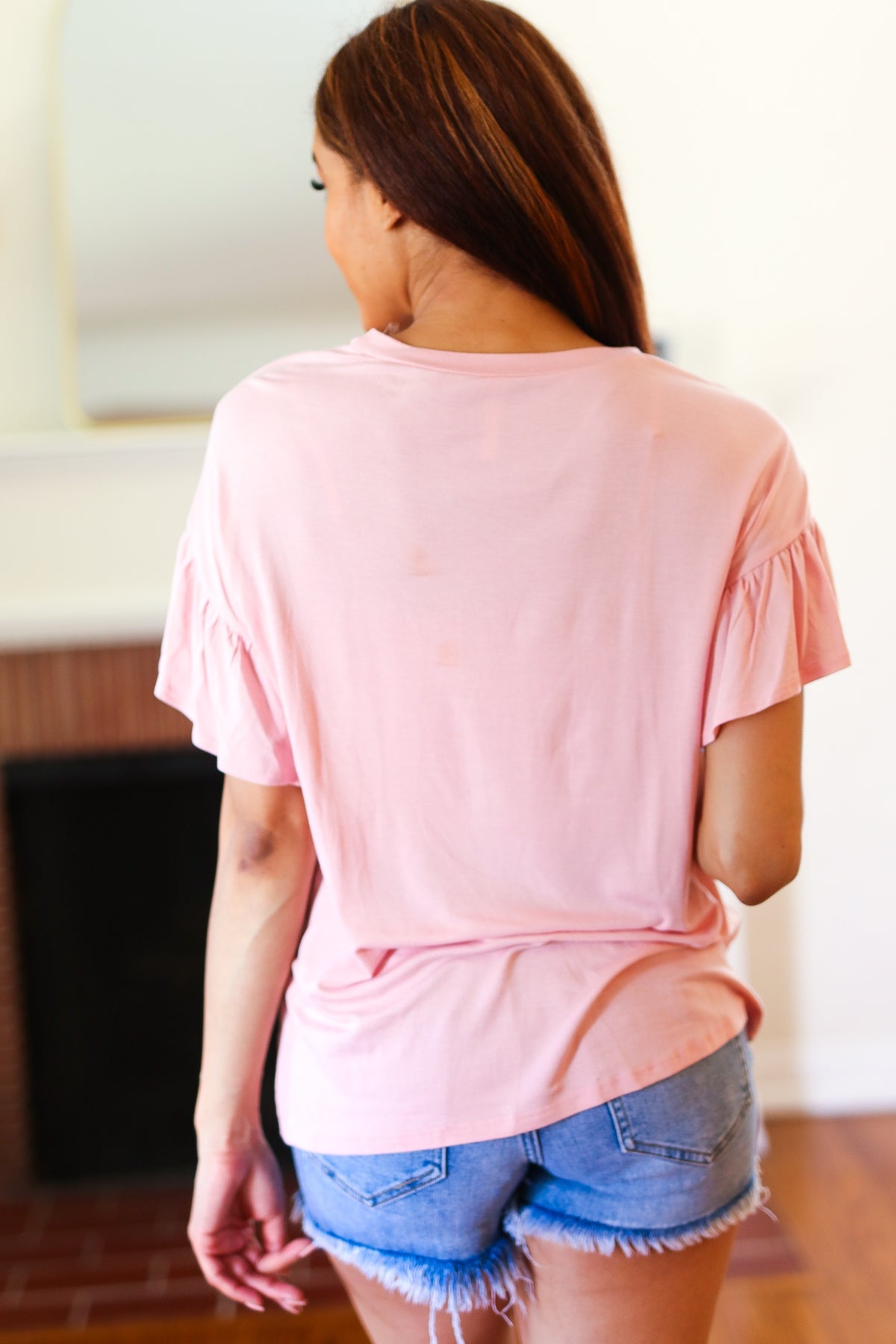 Live For Today Pink Floral Smiley Face Flutter Sleeve Tee - Women's Cute Graphic T-Shirt for Casual Wear, Summer Outfits & Street Style Fashion
