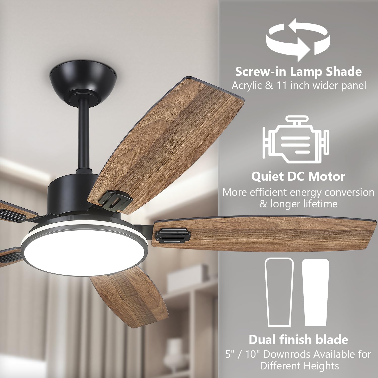 52 Inch Smart Ceiling Fan with Lights - Remote & APP Control, Ultra Silent 6-Speed Dimmable, Modern Flush Mount Low Profile - Perfect for Bedroom, Living Room, Indoor & Outdoor Use (Black)