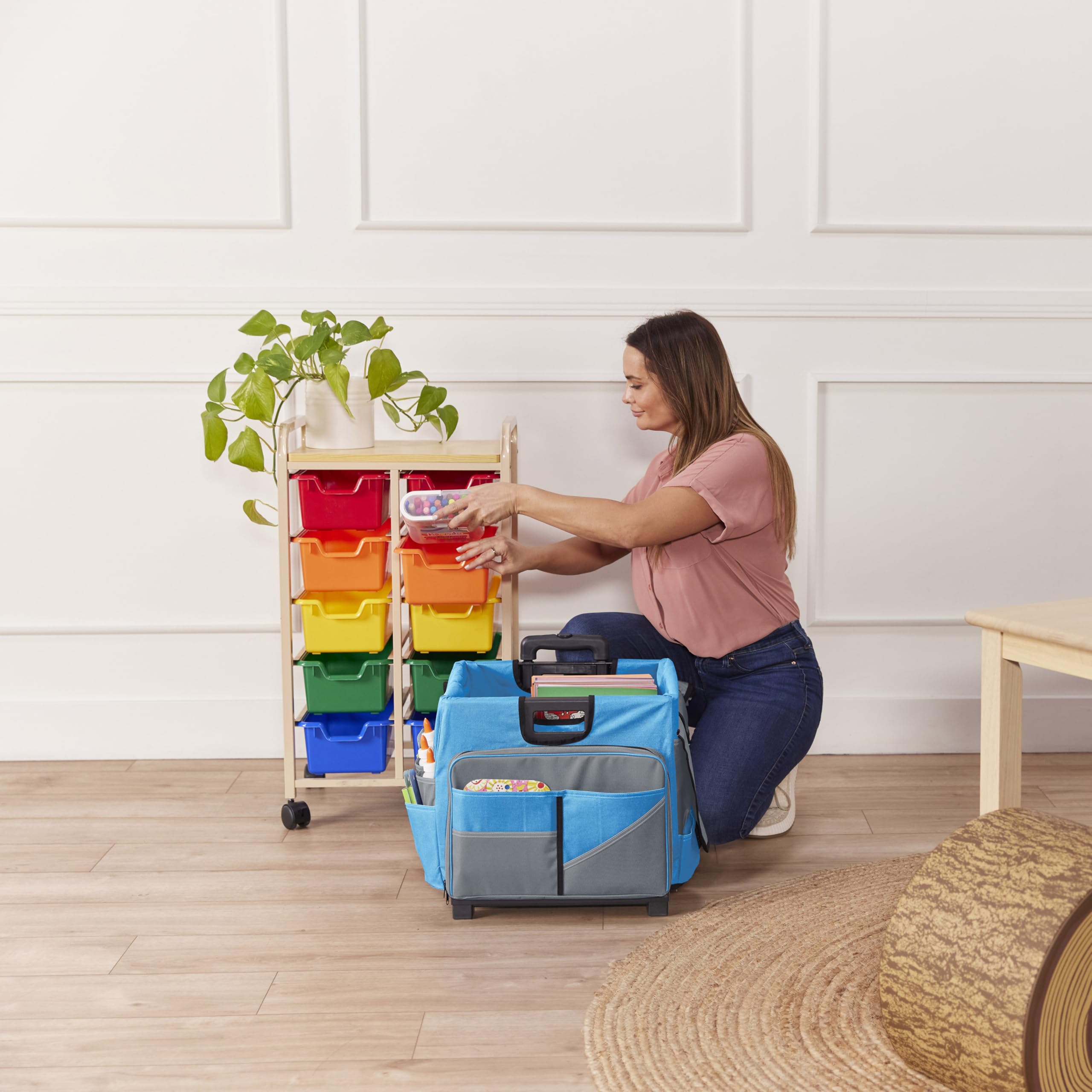 ECR4Kids Universal Rolling Cart with Canvas Organizer Bag - Mobile Storage Cart for Classroom, Office & Home Organization - Blue & Grey Rolling Utility Cart for Supplies, Books & Crafts