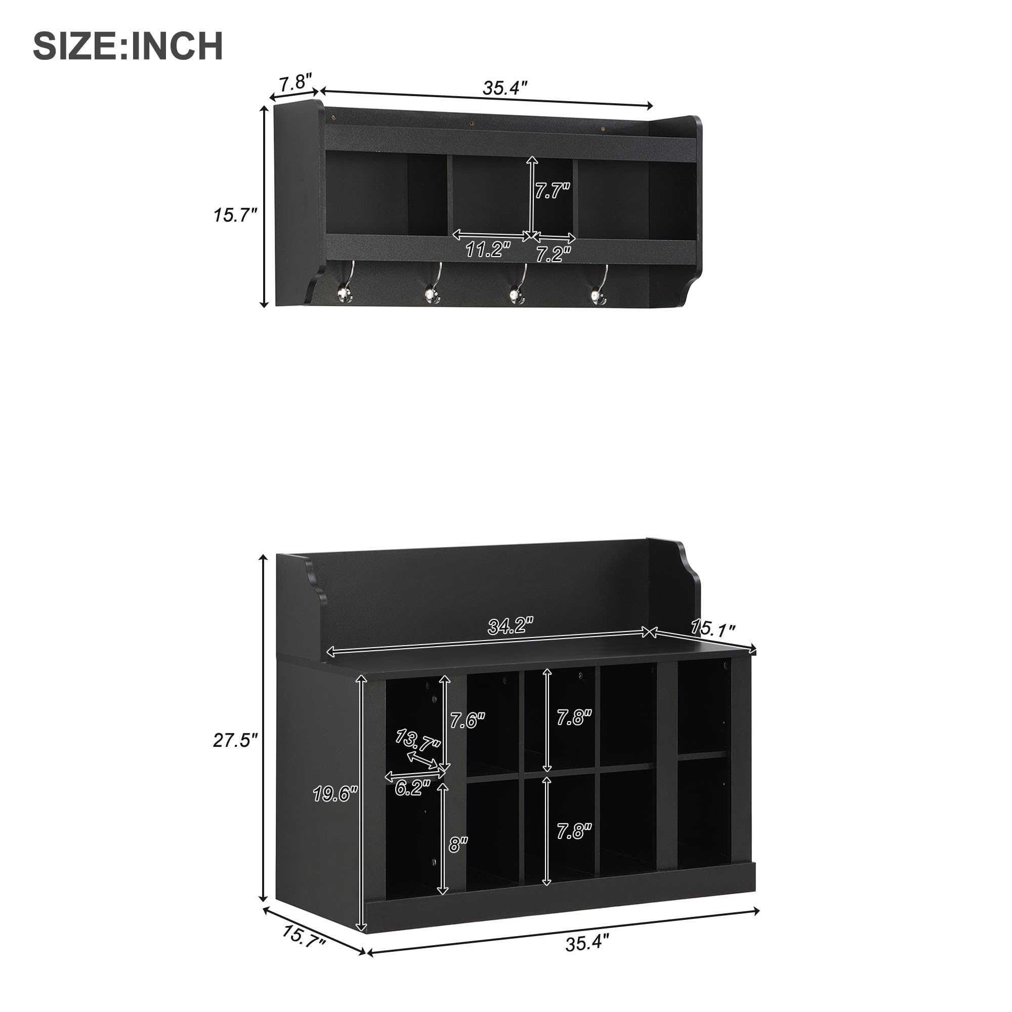 Modern Hall Tree Entryway Organizer - Coat Rack Shoe Storage Bench with Shelves & 4 Hooks, Wall Mounted Mudroom Furniture for Coats, Shoes & Accessories - Perfect for Entryways, Hallways & Small Spaces (Black)