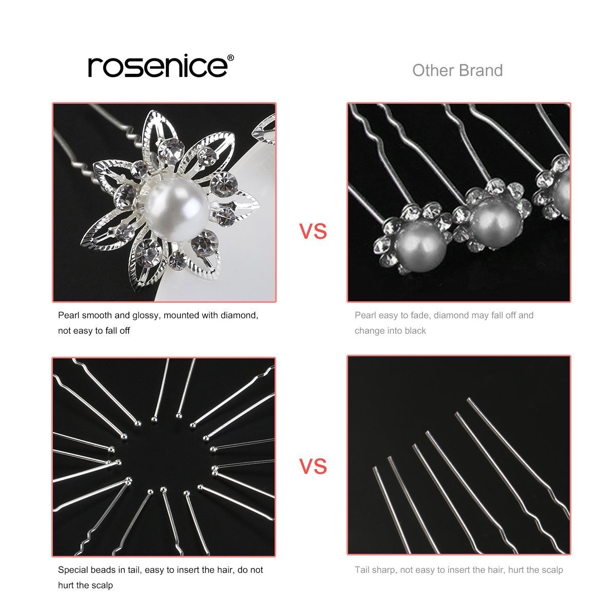 ROSENICE 10PCS Silver Flower Pearl Rhinestone Wedding Hair Pins - U-Shaped Bridal Hair Clips for Women, Buns & Updos - Elegant Hair Accessories for Bridal Showers, Prom, Parties & Special Occasions