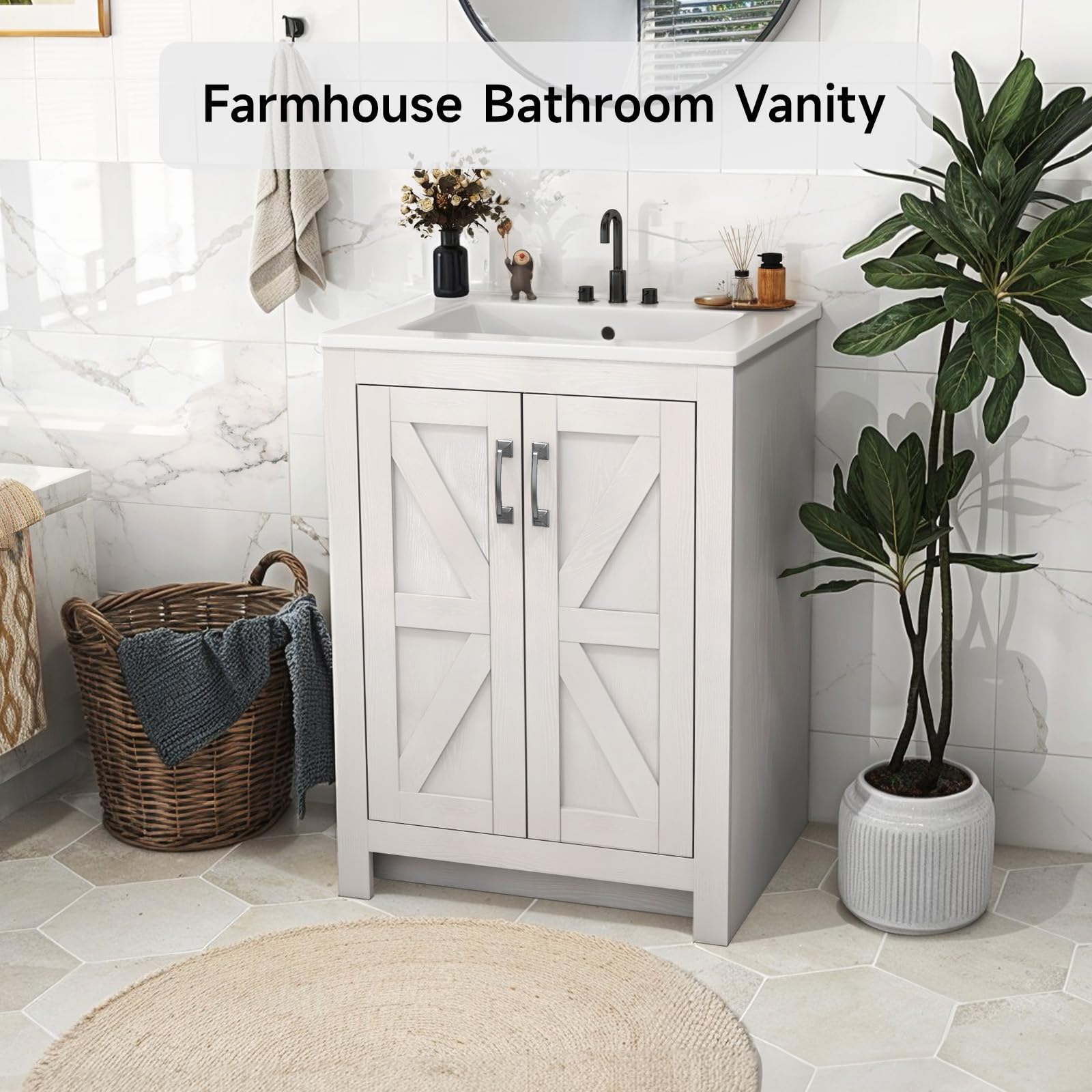 24 Inch Modern Bathroom Vanity with Ceramic Sink - 2 Door 2 Tier Storage Cabinet, Thickened Wood Construction - Perfect for Small Bathrooms, Powder Rooms & Guest Baths