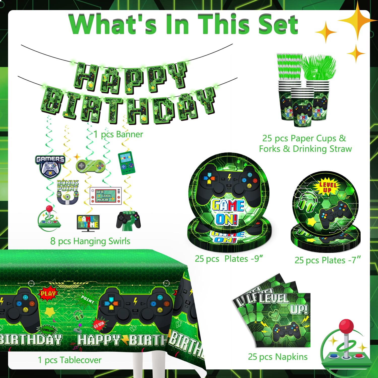 159-Piece Video Game Birthday Party Decorations Set - Includes Banner, Plates, Tablecloth & More - Gamer Themed Party Supplies for Boys - Serves 25 Guests (Green) - Perfect for Gaming Birthday Parties, Teen Celebrations & Esports Themed Events