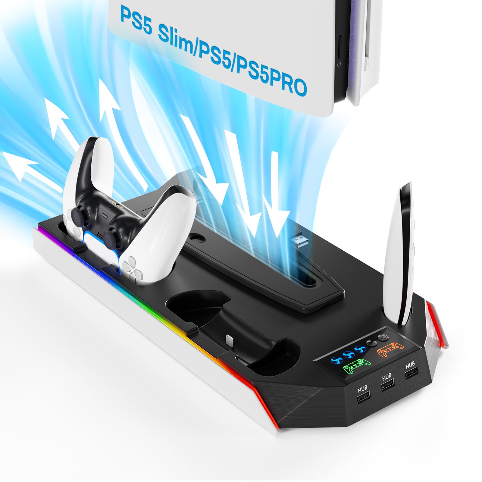 PS5 Cooling Stand with Turbo Fan & Dual Charging Station - Vertical Cooling Station for PlayStation 5 Digital/Disc Edition - 3-Speed Cooling Fan, Headset Holder & Accessories Kit - Perfect for Gaming Marathons & Console Protection