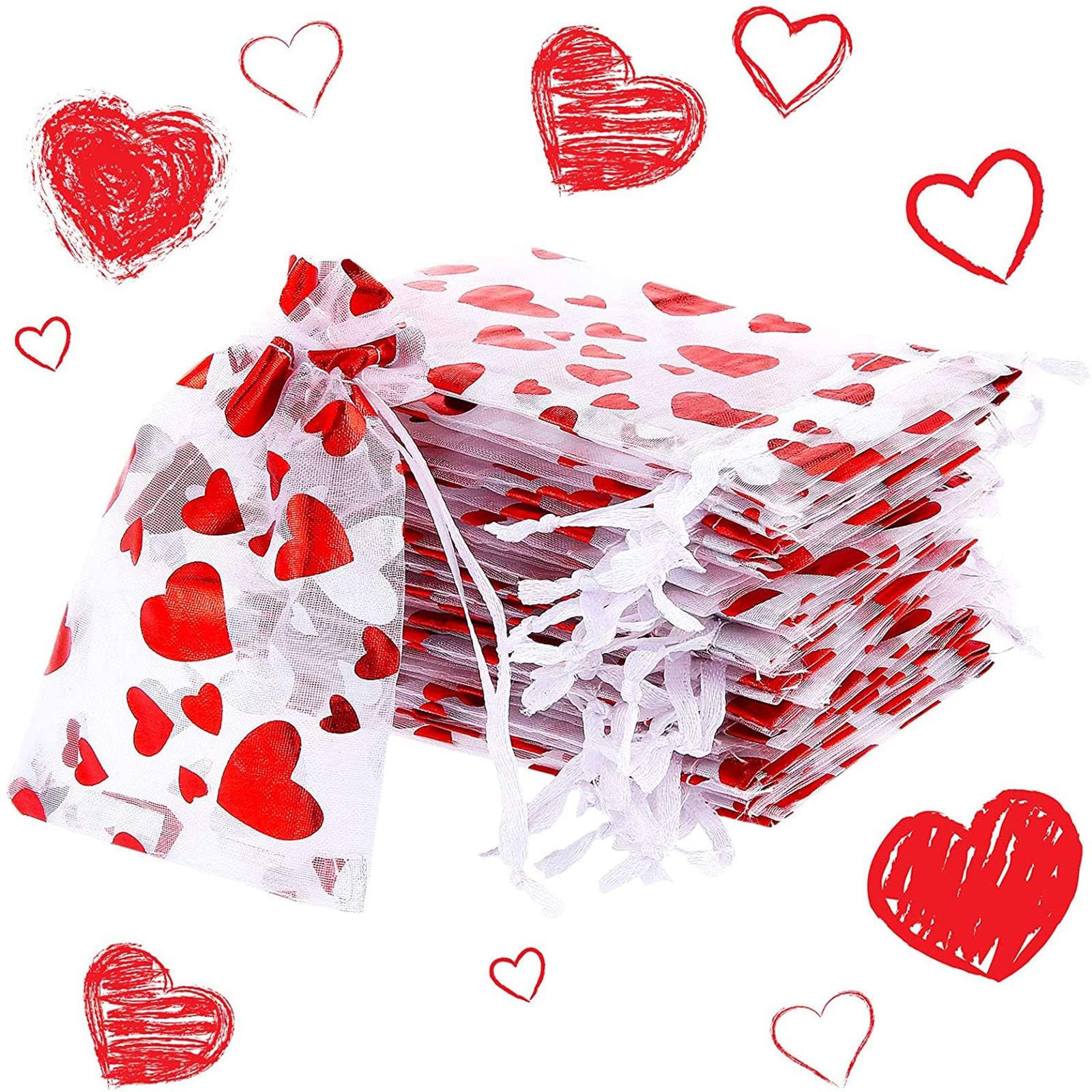 50pcs Valentine's Day Heart Drawstring Candy Bags - Red Gift Pouches with Wrapping Paper for Valentine's Party Favors, Wedding Favors & Birthday Party Supplies