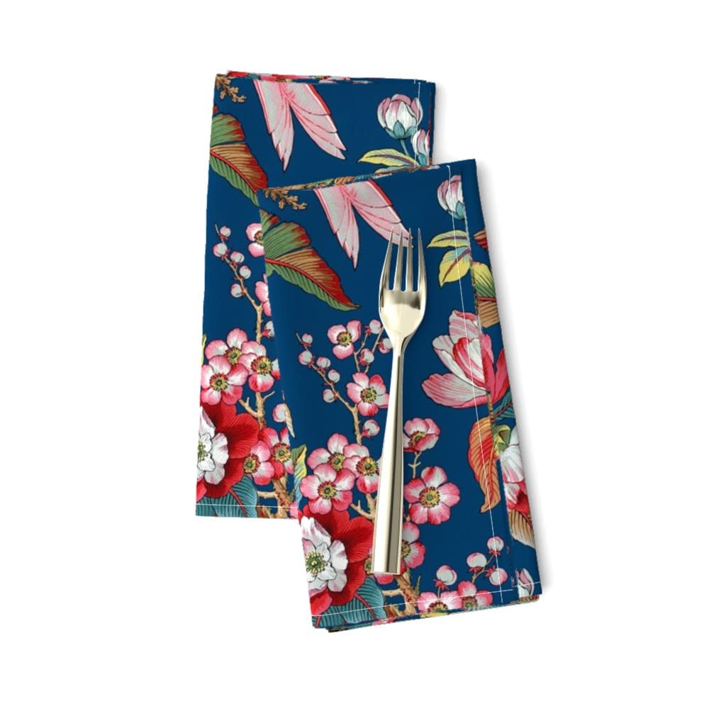 Premium Linen Cotton Canvas Dinner Napkins Set of 2 - Tropical Parrot & Botanical Floral Print, Vintage Edwardian Style, Eco-Friendly Cloth Napkins for Fine Dining, Parties & Home Decor