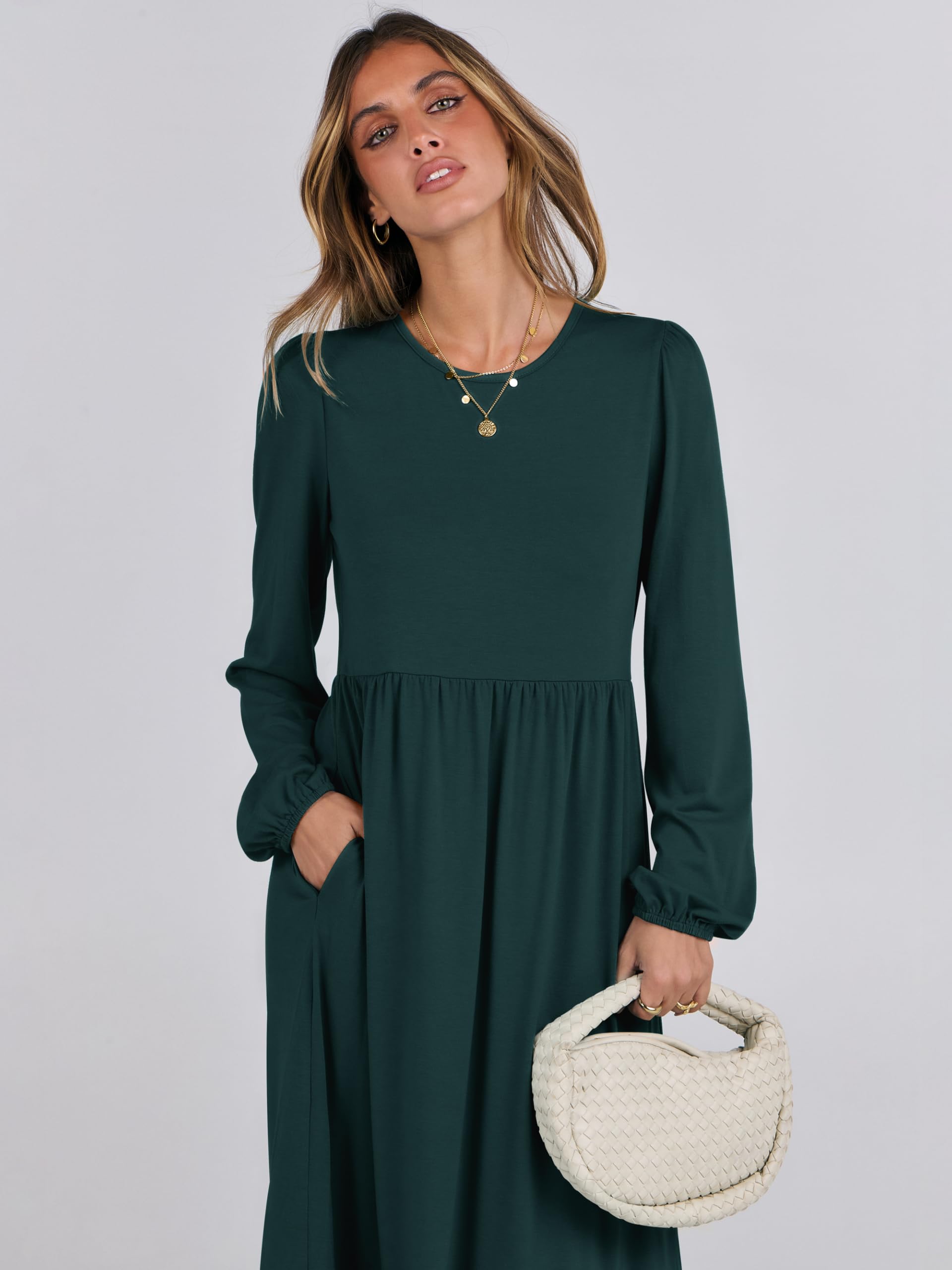 ANRABESS Women's Casual Long Sleeve Midi Dress - 2025 Spring Crewneck A-Line Tiered Flowy Loose Trendy Dress with Pockets | Perfect for Brunch, Office Wear, Date Night & Spring Outfits