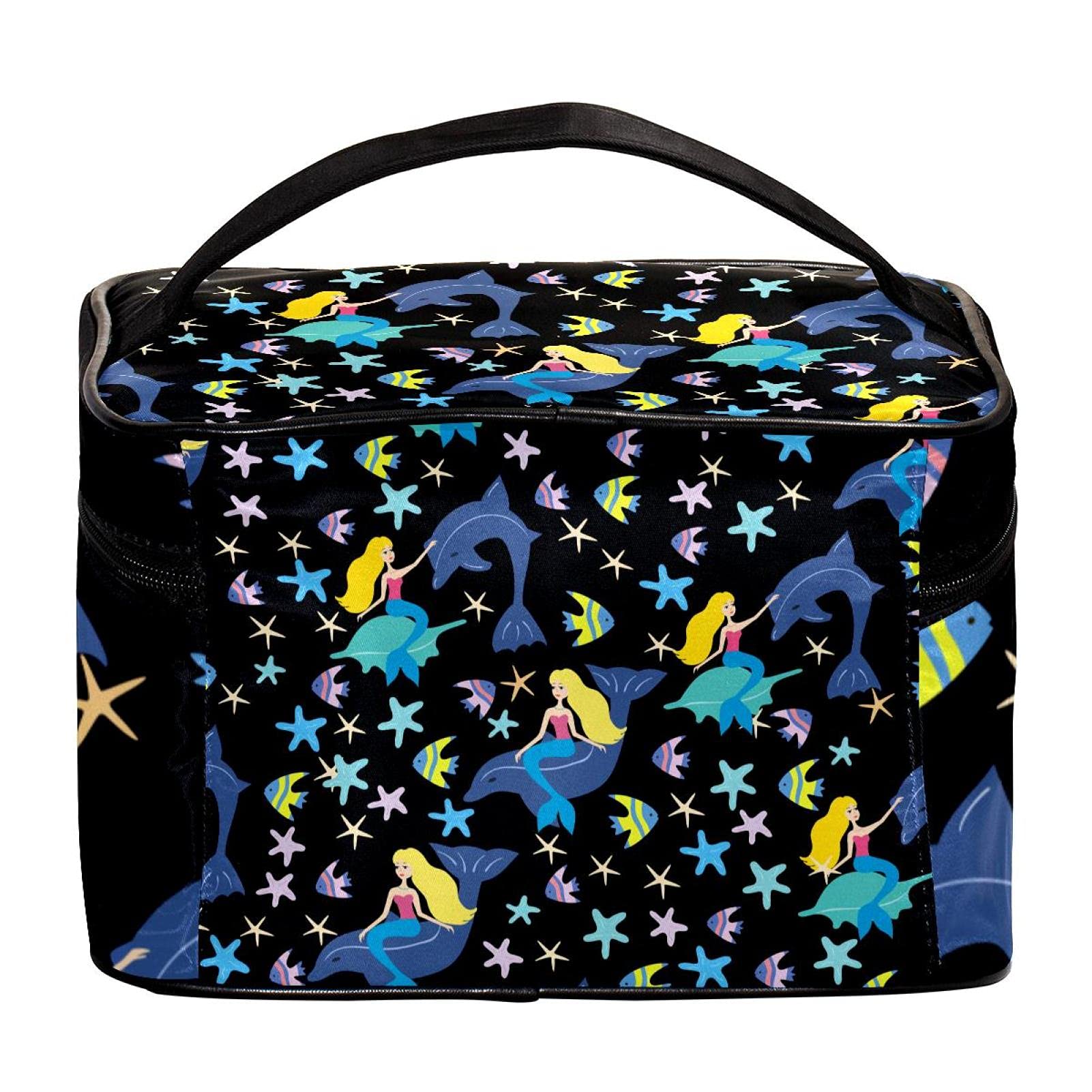 Waterproof Large Cosmetic Bag for Women - Cute Marine Whale Mermaid Fish Starfish Travel Makeup Case Organizer with Zipper, Perfect for Beach Vacation, Swimming Pool, Gym & Daily Use