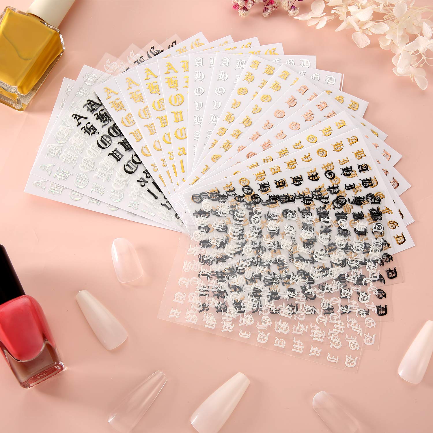 Maitys 24 Sheets Old English Holographic Letter Stickers - DIY Nail Art Decals for Women, Girls | Perfect for Nail Salon, Home Manicure, Party Nail Decorations