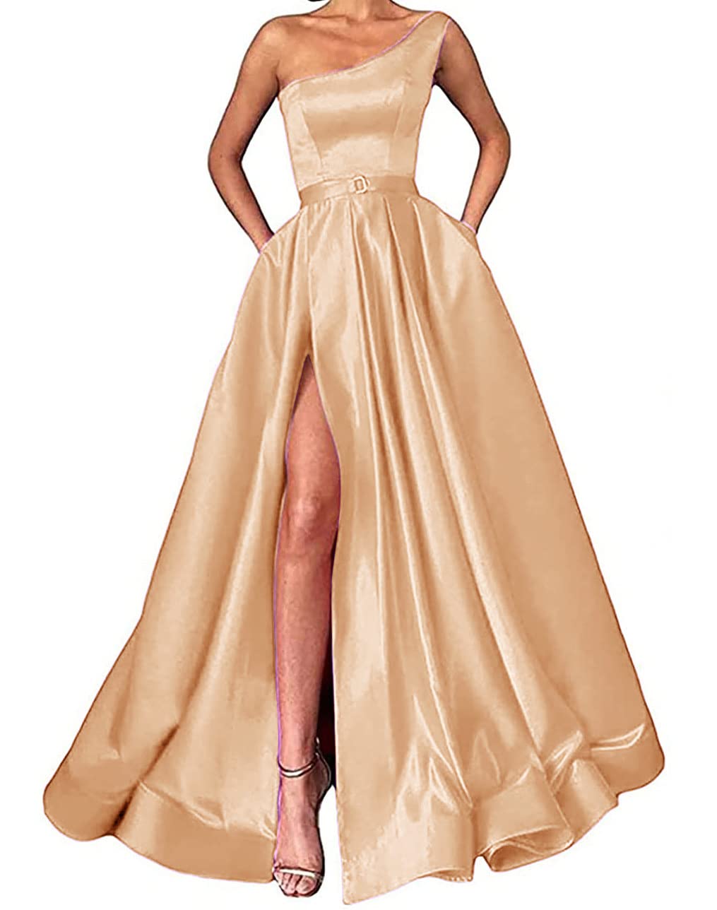 One Shoulder Prom Dresses 2024 | Satin A-Line Formal Bridesmaid Gowns with Thigh High Split & Pockets | Women's Elegant Maxi Party Dress for Homecoming, Wedding, Cocktail Events