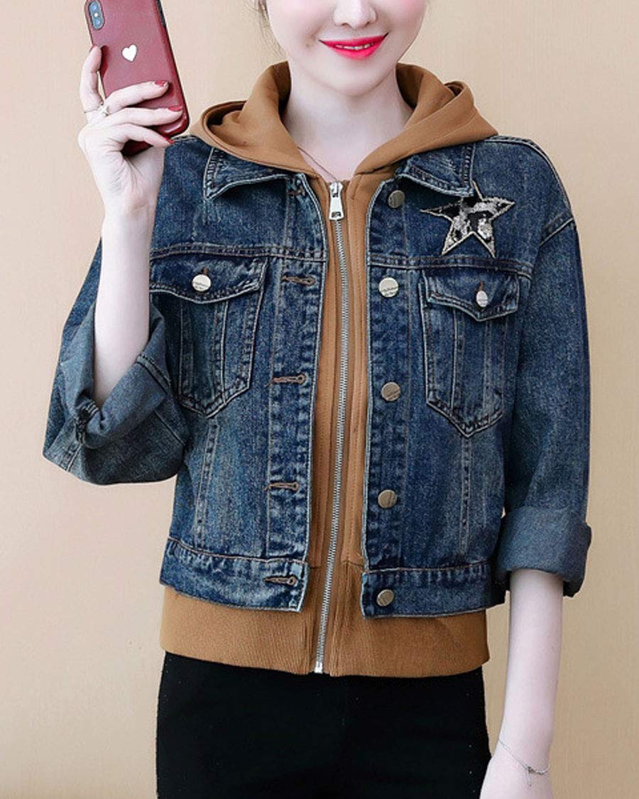 Ebossy Women's Distressed Sequin Star Denim Jacket - Cropped Hooded Jean Jacket for Casual Outfits & Night Out