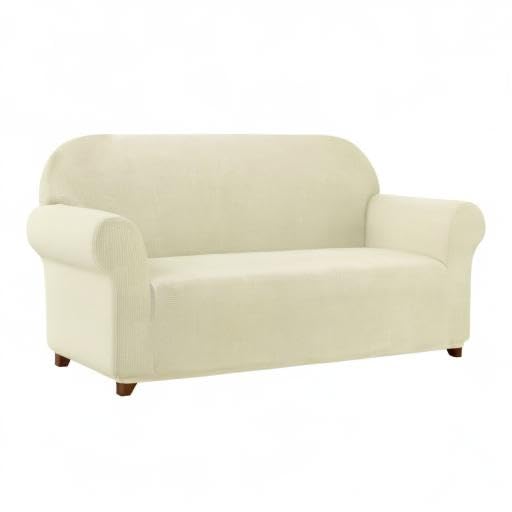 SUBRTEX Stretch Sofa Slipcover 2-Piece Set - Washable Jacquard Fabric Couch Cover for 3-Seater Sofa, Small Check Pattern (Ivory) | Perfect for Living Room Furniture Protection & Home Decor Upgrade