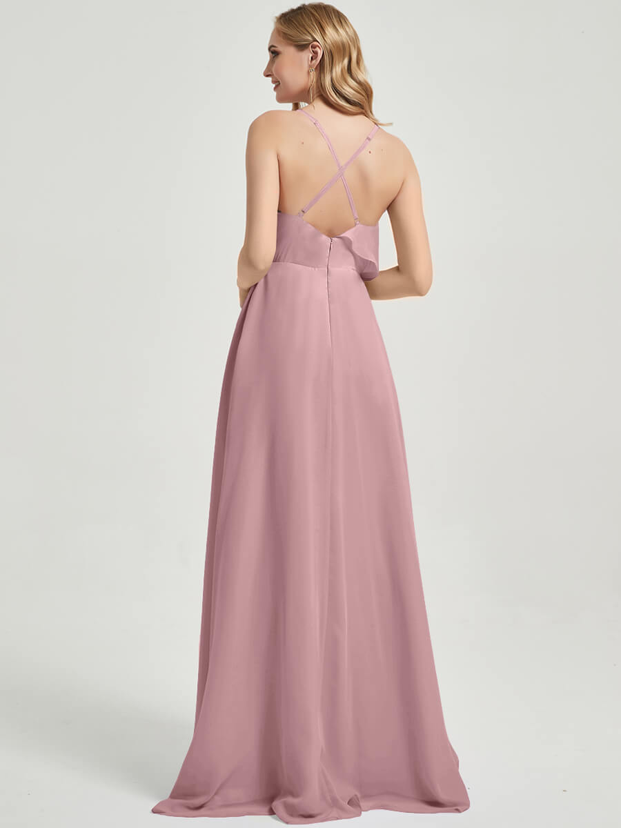 Elegant Vintage Mauve Chiffon Bridesmaid Dress with Criss Cross Straps, Ruffles & High Slit - Perfect for Weddings, Parties & Formal Events