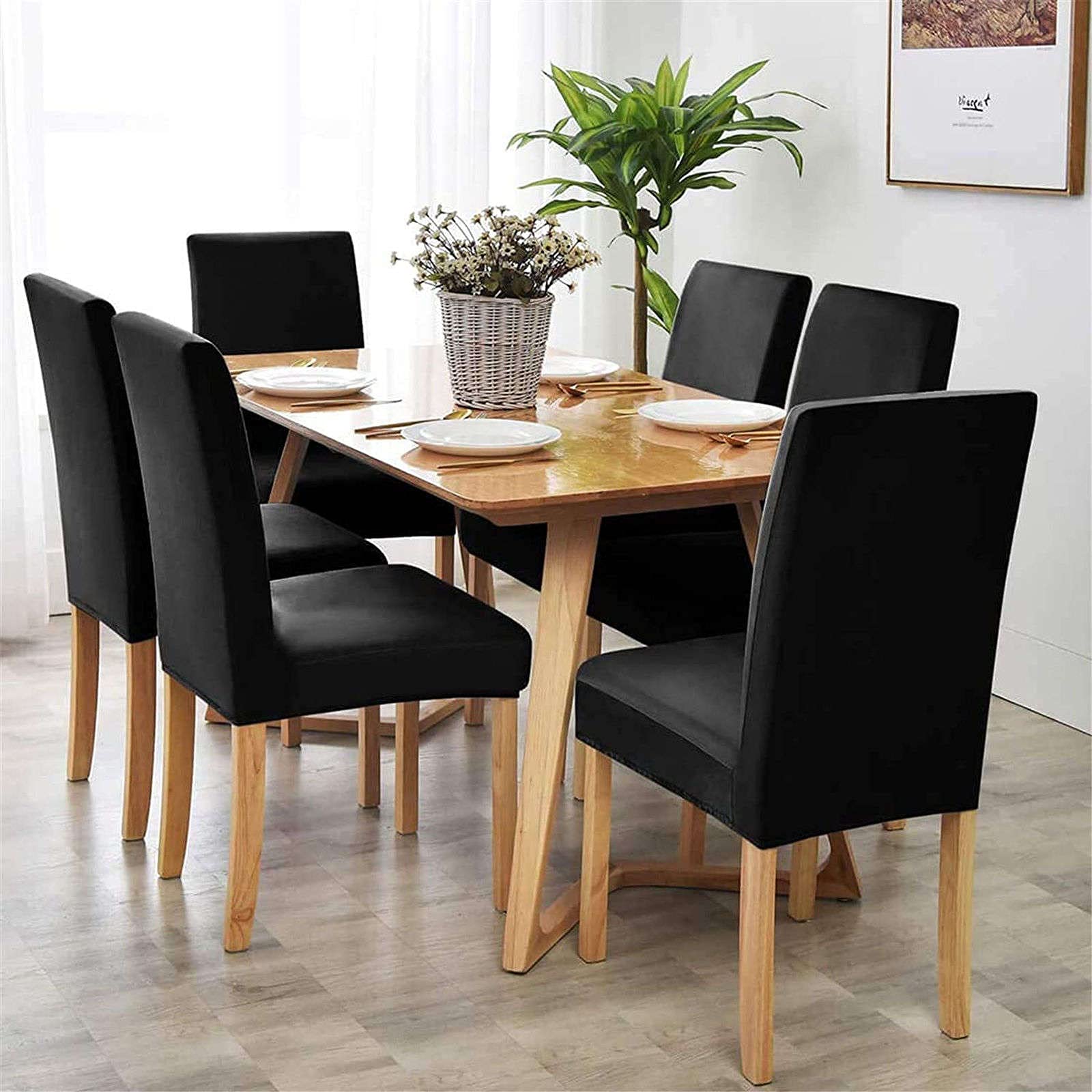Premium Velvet Dining Chair Covers - Stretchable Slipcovers for Dining Room Chairs, Machine Washable Seat Protectors (Set of 2, Black) - Perfect for Living Room, Bedroom & Home Decor