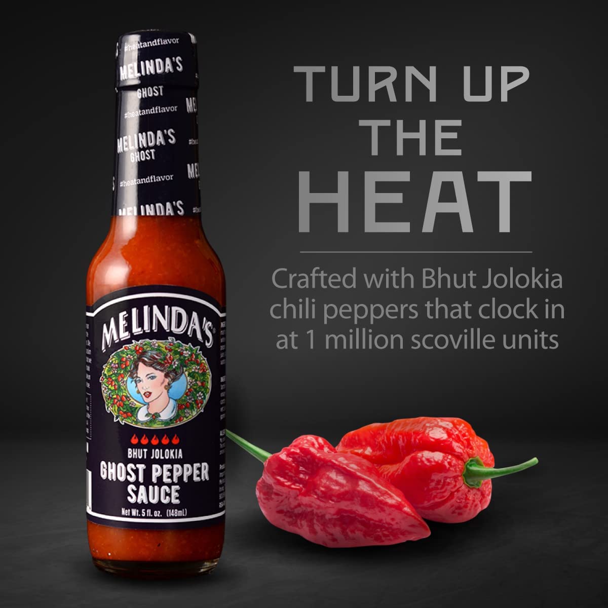 Melinda's Ghost Pepper Hot Sauce - Extra Spicy Gourmet Hot Sauce with Fresh Ghost Peppers (Bhut Jolokia), Habanero, Carrot, Garlic & Lime Juice - 5oz Bottle (4-Pack) - Perfect for Wings, Tacos, Burgers & Spicy Food Lovers