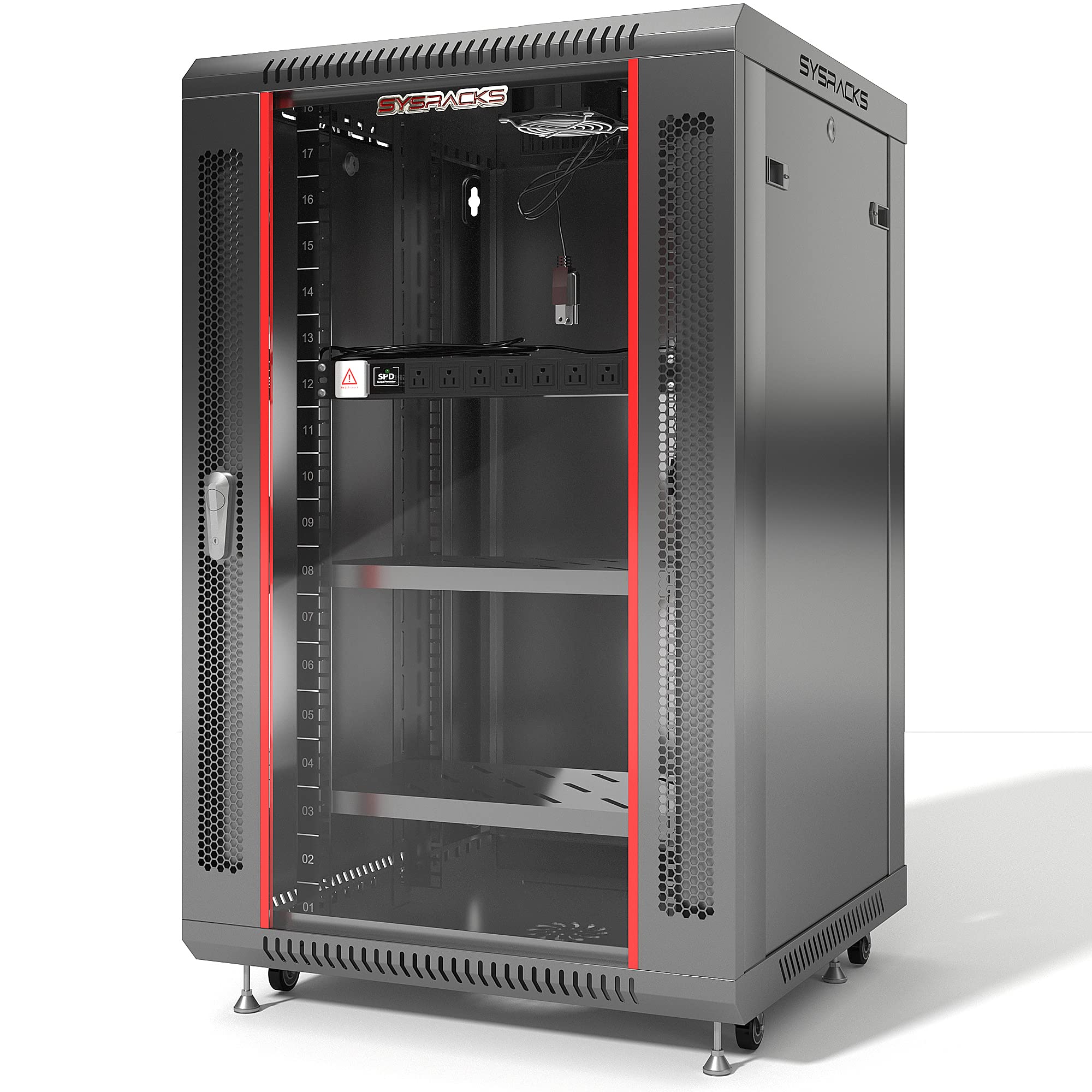 18U Wall Mount Server Rack Cabinet - 24 Inch Depth Network & AV Enclosure with Cooling Fans, Casters, PDU & Locking Door - Black Sysracks for Home Studio, Data Center & Office IT Equipment Organization
