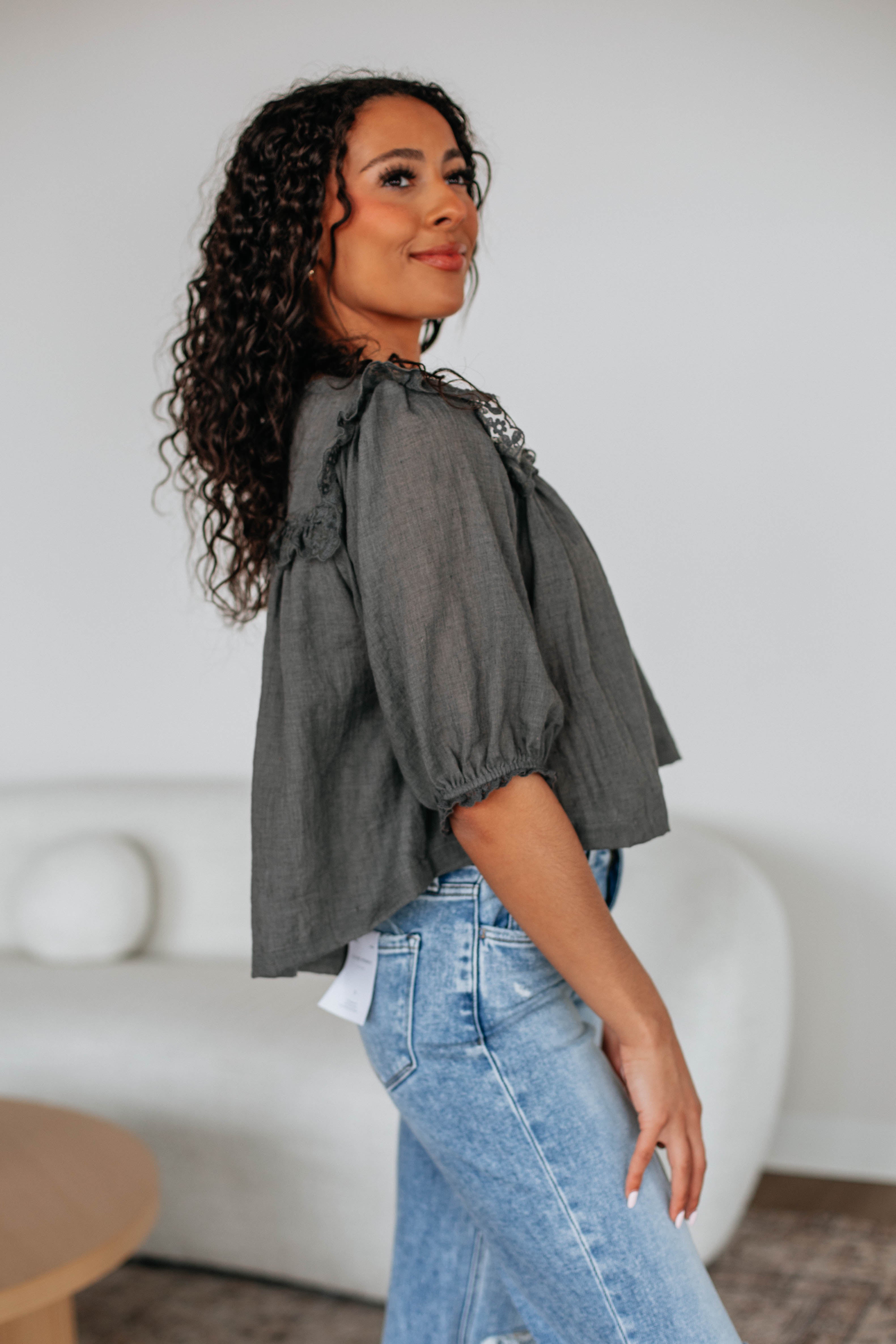 Odilia Lace Blouse Women's Elegant Long Sleeve Tops - Charcoal Gray for Office Work & Special Occasions