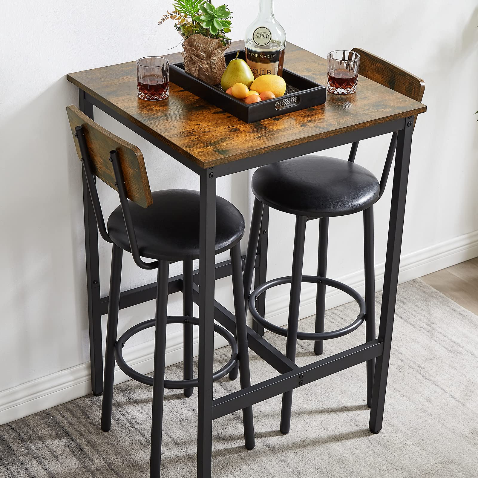 3-Piece Bar Table and Chairs Set for Small Spaces - Square Bistro Table with 2 PU Stools, Compact Breakfast Nook Set with Footrest - Perfect for Kitchen, Dining Room, Patio or Apartment Balcony (Brown)