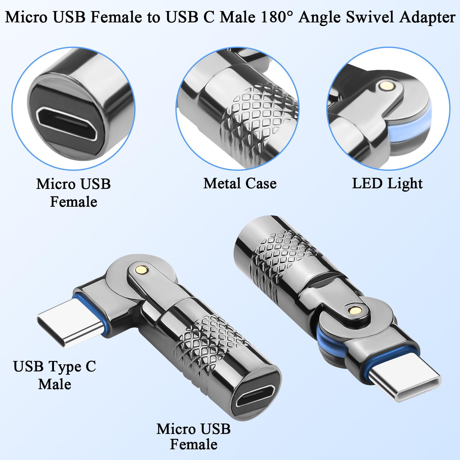 QIANRENON Micro USB to USB C Adapter 180° Rotatable - Micro USB Female to Type C Male Converter with LED Light (5V 3A, 480Mbps, Metal Shell) - 2 Pack - Perfect for Charging Phones, Tablets & Data Transfer