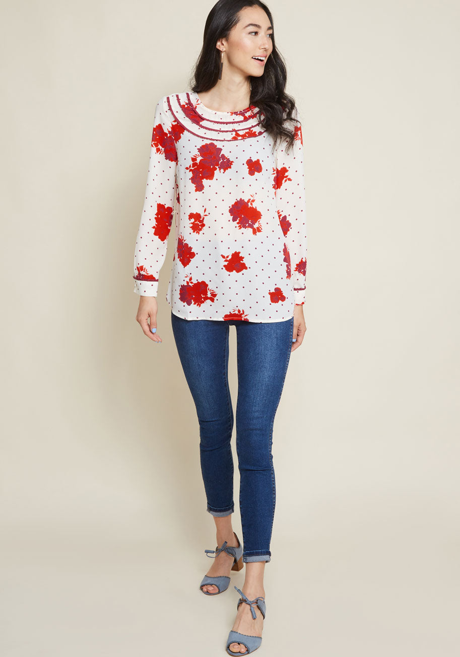 Vintage Floral Print Long Sleeve Blouse - Women's Retro Style Tops for Casual Wear, Office & Date Night Outfits