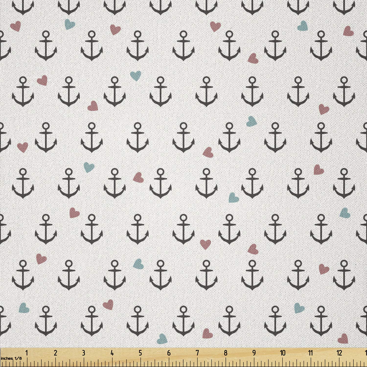 Ambesonne Anchor Fabric by The Yard - Sailor Themed Microfiber Fabric with Anchors & Colored Hearts for Arts, Crafts, Textiles & Home Decor (10 Yards, Eggshell Charcoal Grey) - Perfect for DIY Projects, Upholstery, Quilting & Coastal Themed Decorations