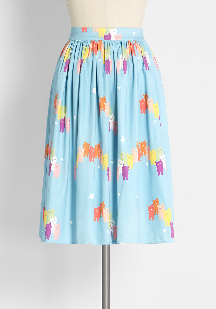 ModCloth x Collectif Rainbow Sky Kittens Swing Skirt - Vintage Inspired Floral Print A-Line Skirt for Women | Perfect for Casual Outings, Tea Parties & Retro Fashion Looks