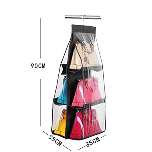 6-Pocket Clear Handbag Storage Organizer with Anti-Dust Cover - Large Hanging Closet Rack for Purses & Shoulder Bags - Space Saving Closet Accessory (Black) | Perfect for Bedroom, Closet & Travel Organization