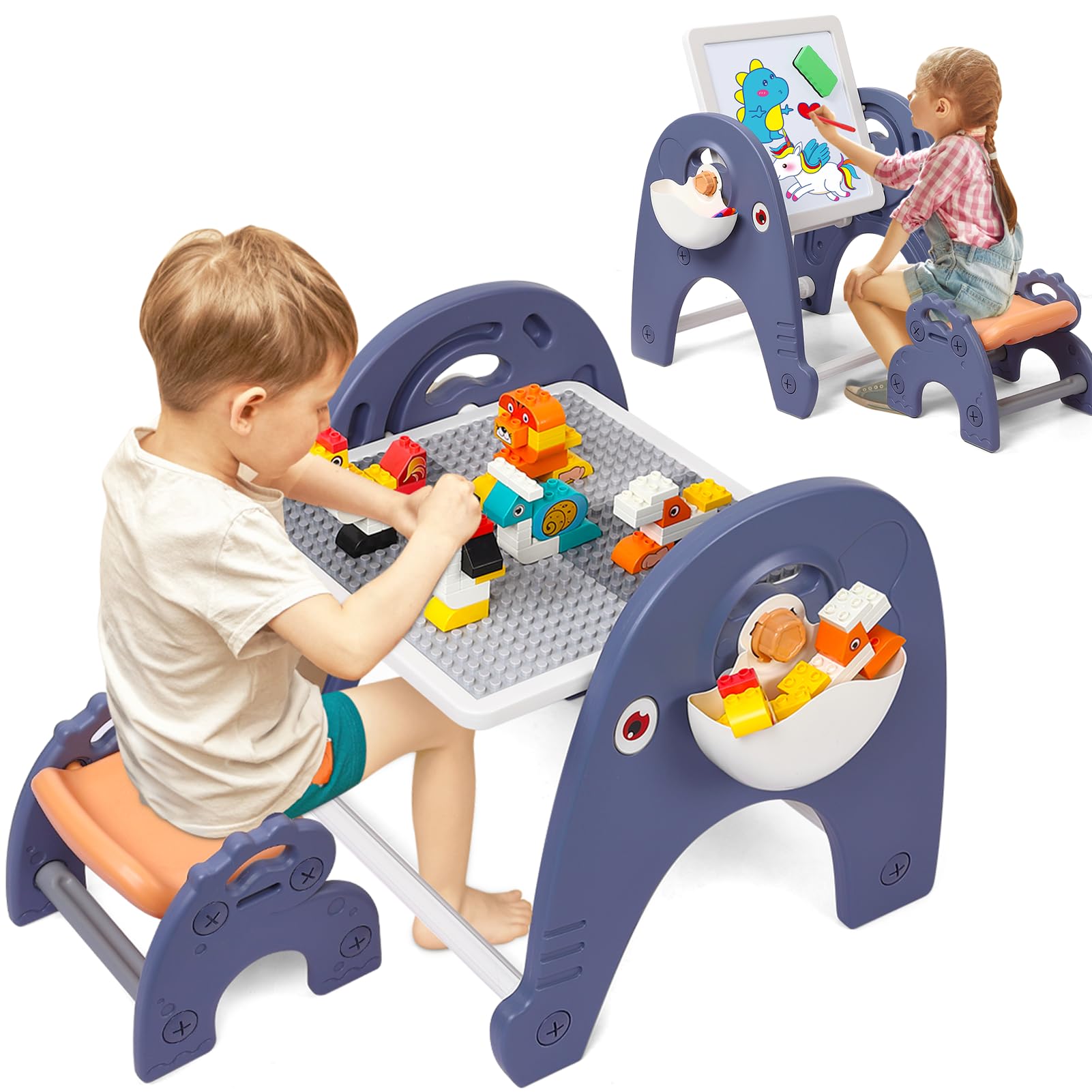 GARVEE 4-in-1 Kids Activity Table Set with Magnetic Whiteboard - Building Block Table Compatible with Lego Duplo Bricks - Toddler Sensory Play Table Includes Chair, 66pcs Large Blocks & 2 Storage Bins - Perfect for Preschool Learning, Creative Play & Home Daycare Activities