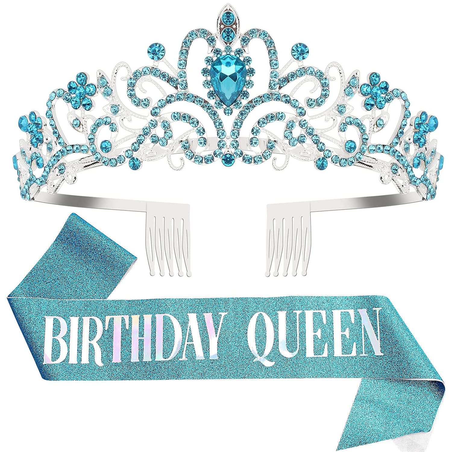 COCIDE Birthday Queen Sash & Crystal Tiara Set - Silver Crown for Women, Blue Rhinestone Headband & Glitter Sash for Girls Party | Perfect for Birthday Celebrations, Bachelorette Parties & Pageant Events