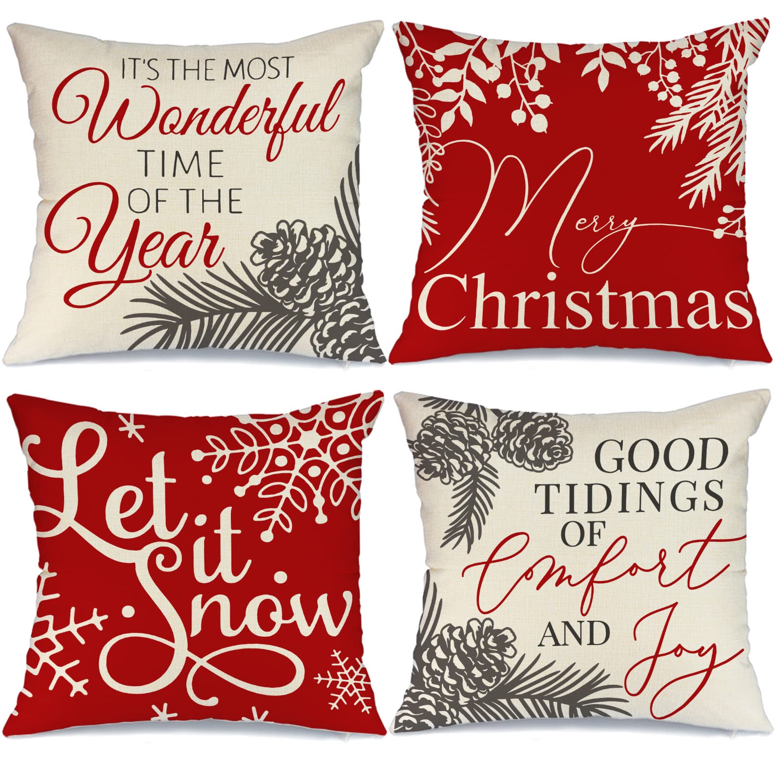 Farmhouse Christmas Throw Pillow Covers 18x18 Inch Set of 4 - Holiday Home Decor for Sofa, Couch & Bed - Cozy Seasonal Living Room & Bedroom Decoration