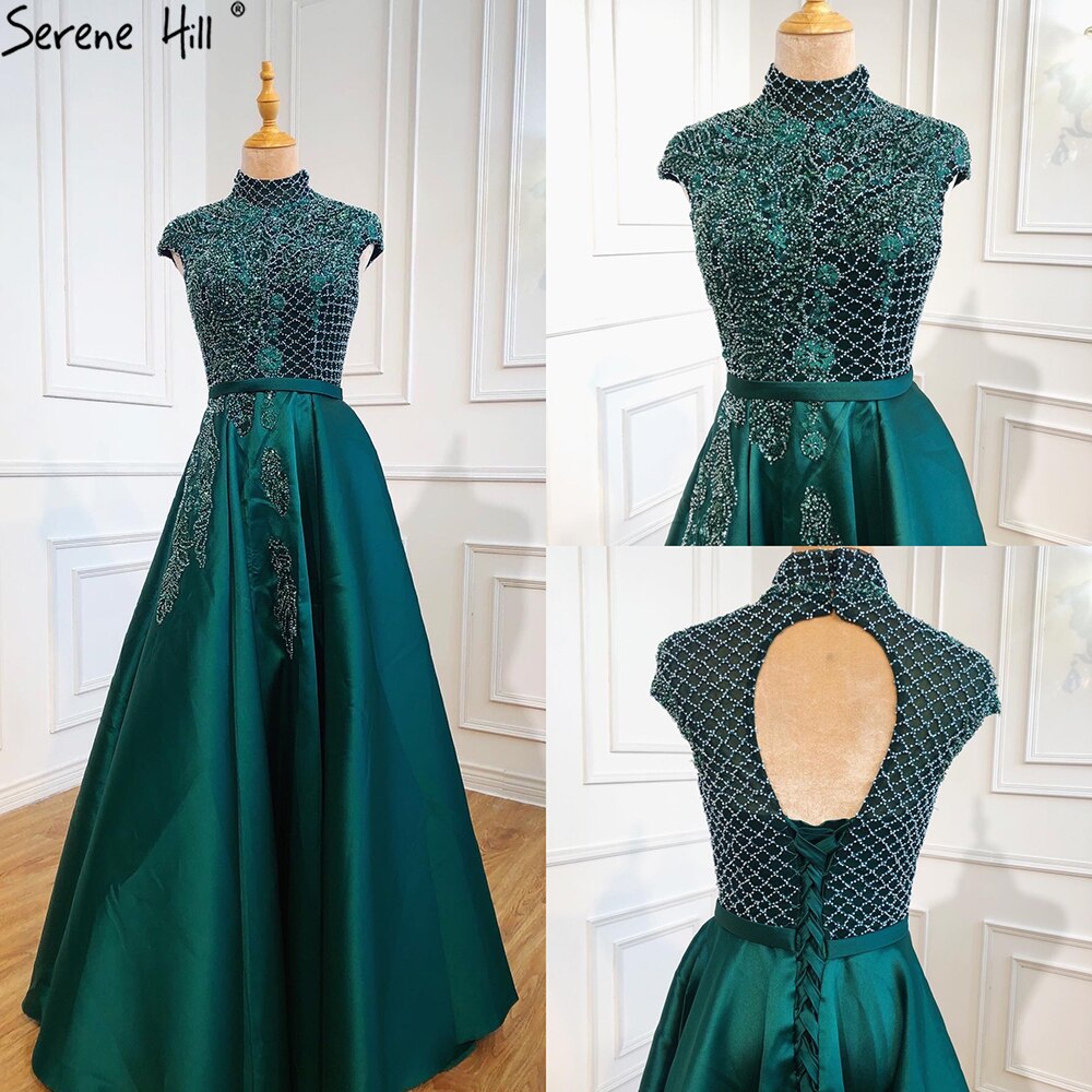 Elegant Satin Green Beaded A-Line Evening Gown with High Collar & Cap Sleeves - Dubai Formal Dress LA70761 for Prom, Gala & Special Occasions