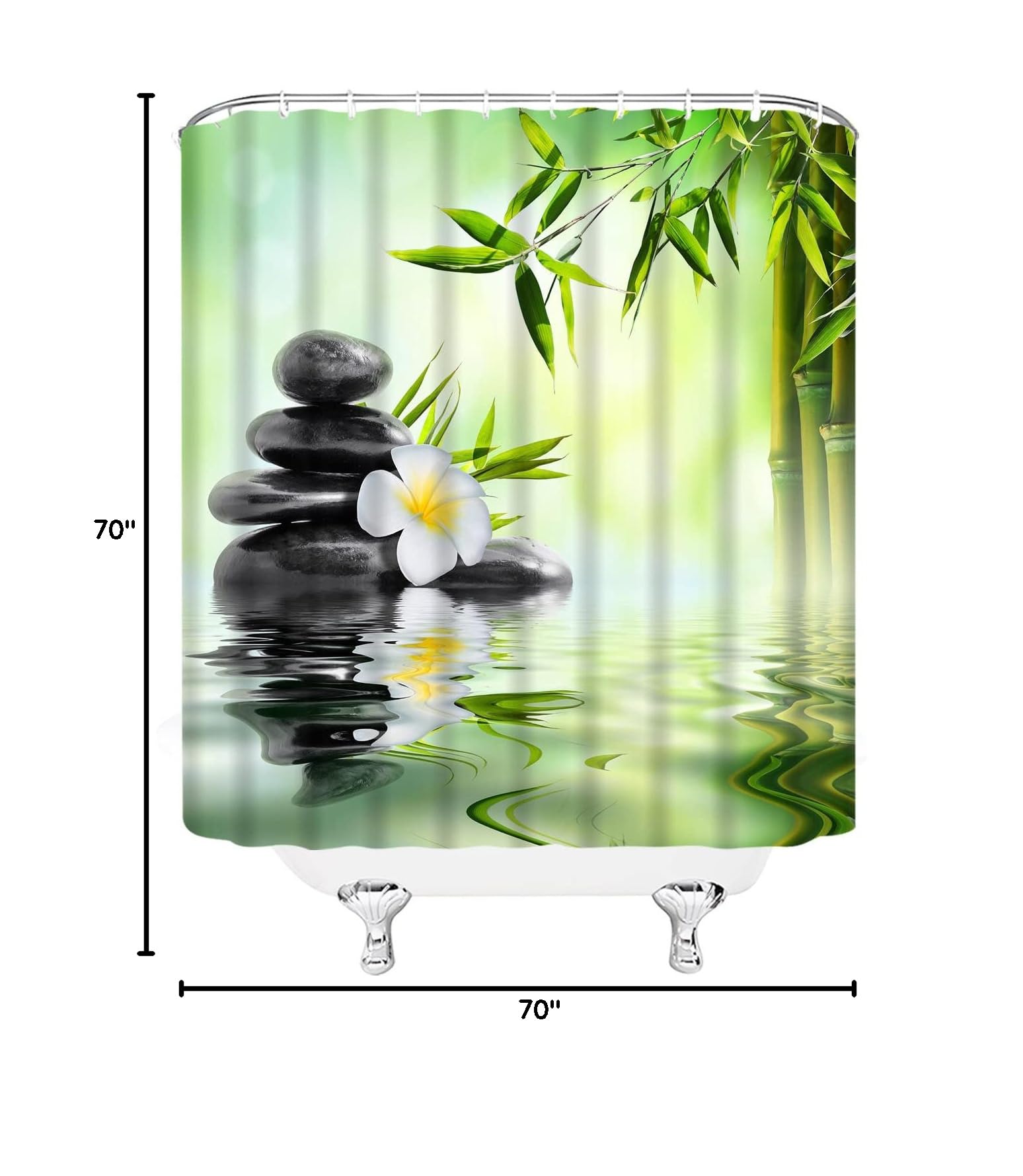 Zen Garden Shower Curtain - Green Bamboo Leaf & White Flower Design with Black Stone Water Landscape - Spa Themed Bathroom Decor - 70 x 70 Inch Cloth Hanging Curtain Set with Hooks - Perfect for Relaxing Baths, Meditation Spaces & Asian-Inspired Home Decor