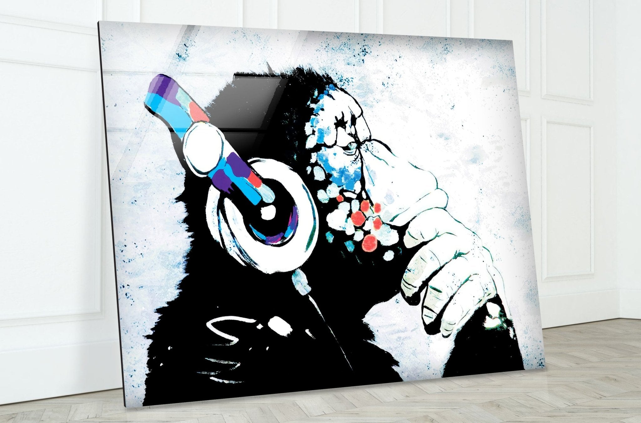 Banksy DJ Monkey Glass Wall Art - Modern Home Decor for Living Room, Bedroom & Office - Unique Street Art Gift for Music Lovers