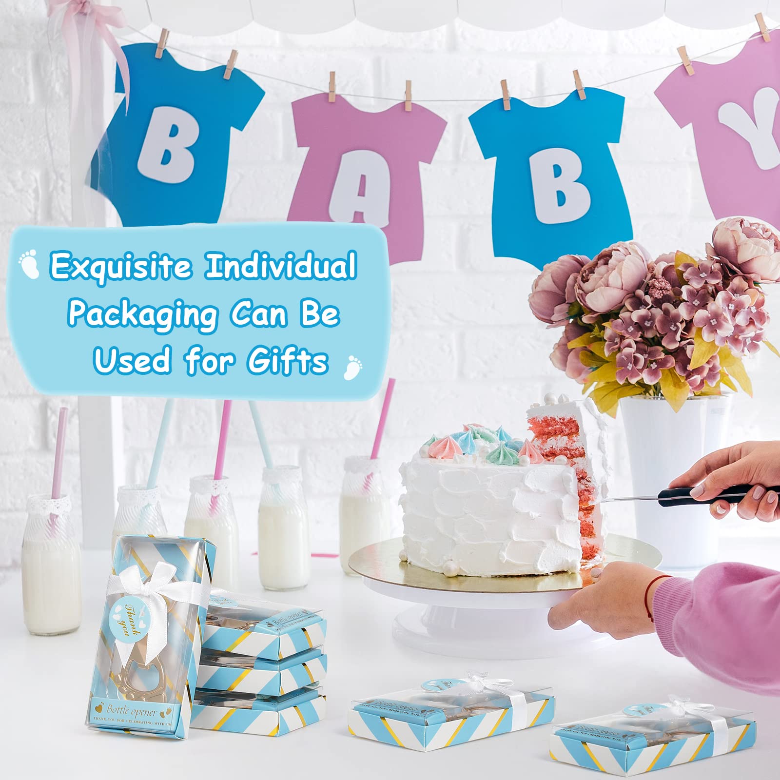 36-Piece Gold Baby Bottle Opener Keychain Set - Baby Shower Favors for Guests, Gender Neutral Footprint Design - Perfect for Baby Showers, Birthday Parties, Wedding & Bridal Showers (Blue) - Great as Party Decorations and Keepsake Gifts