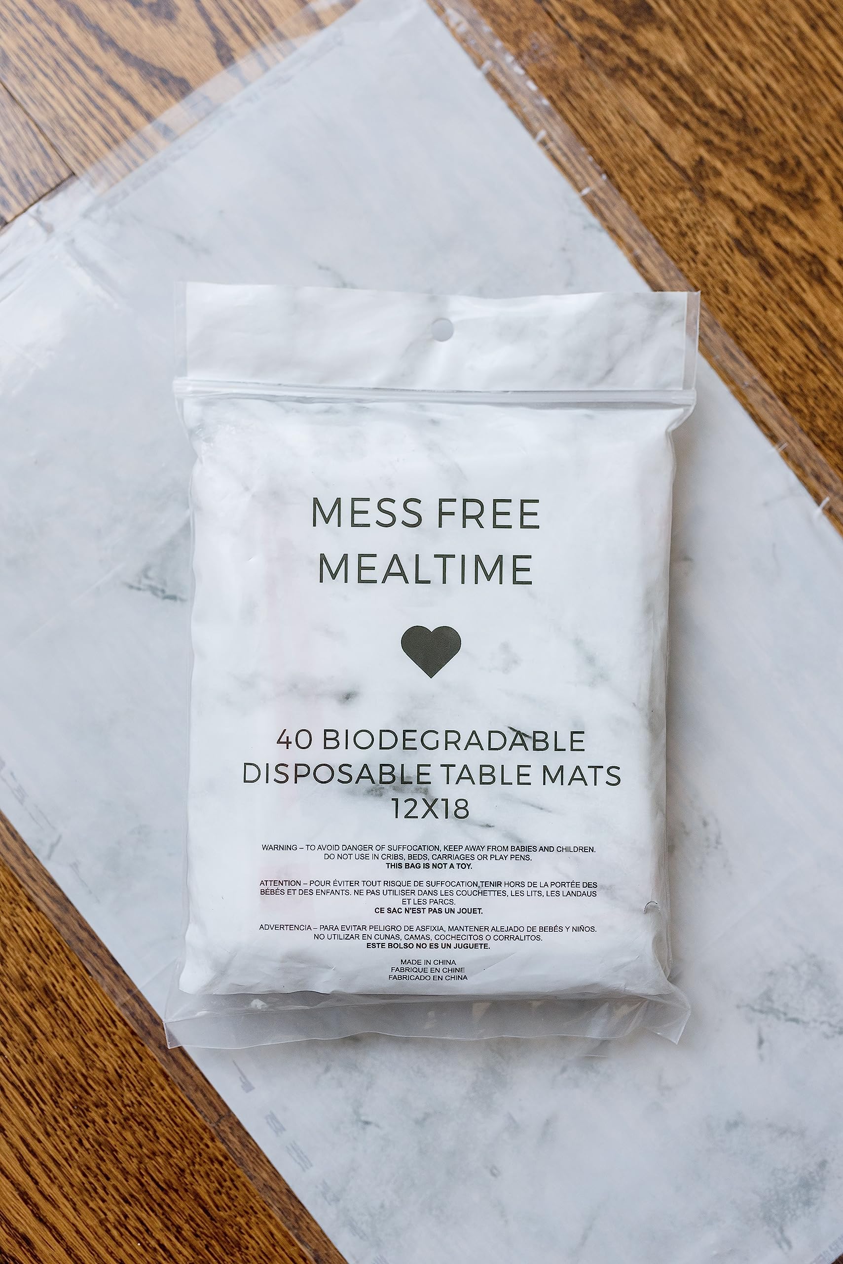 Eco-Friendly Disposable Baby Placemats 40 Pack - Biodegradable Stick-On Table Mats for Toddlers, Restaurants & Travel - 12x18 Inch Marble Print - Perfect for Dining Out, Picnics & Mess-Free Meals
